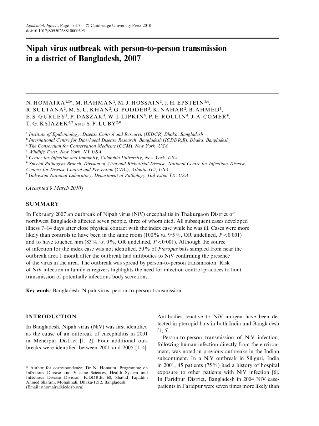 Nipah Virus Outbreak with Person-To-Person Transmission in a District of Bangladesh, 2007