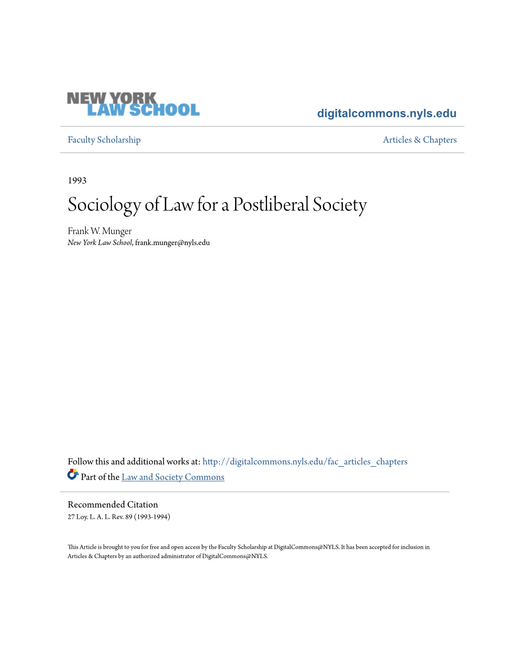 Sociology of Law for a Postliberal Society Frank W