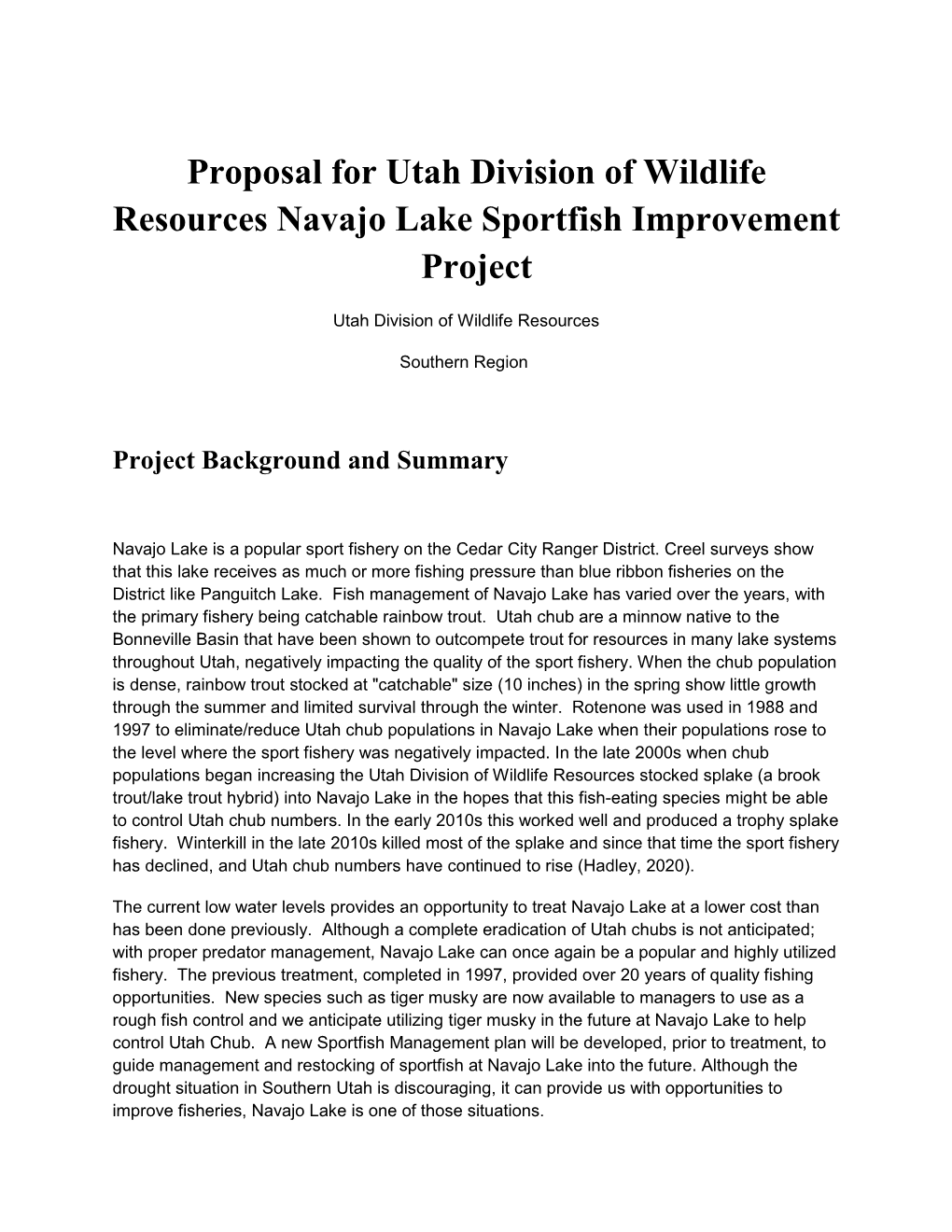 Proposal for Utah Division of Wildlife Resources Navajo Lake Sportfish Improvement