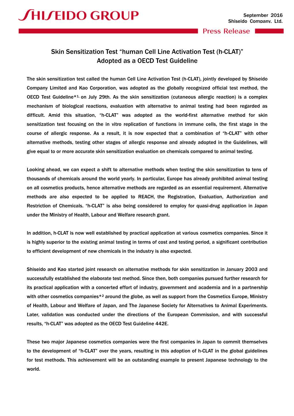 Skin Sensitization Test “Human Cell Line Activation Test (H-CLAT)” Adopted As a OECD Test Guideline