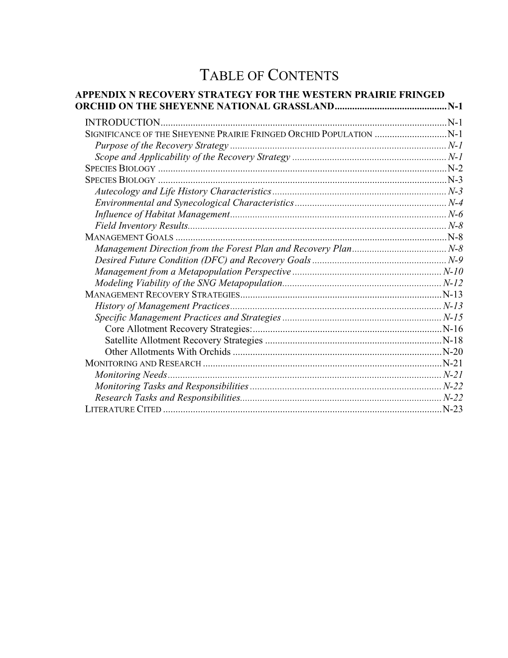 Table of Contents Appendix N Recovery Strategy for the Western Prairie Fringed Orchid on the Sheyenne National Grassland