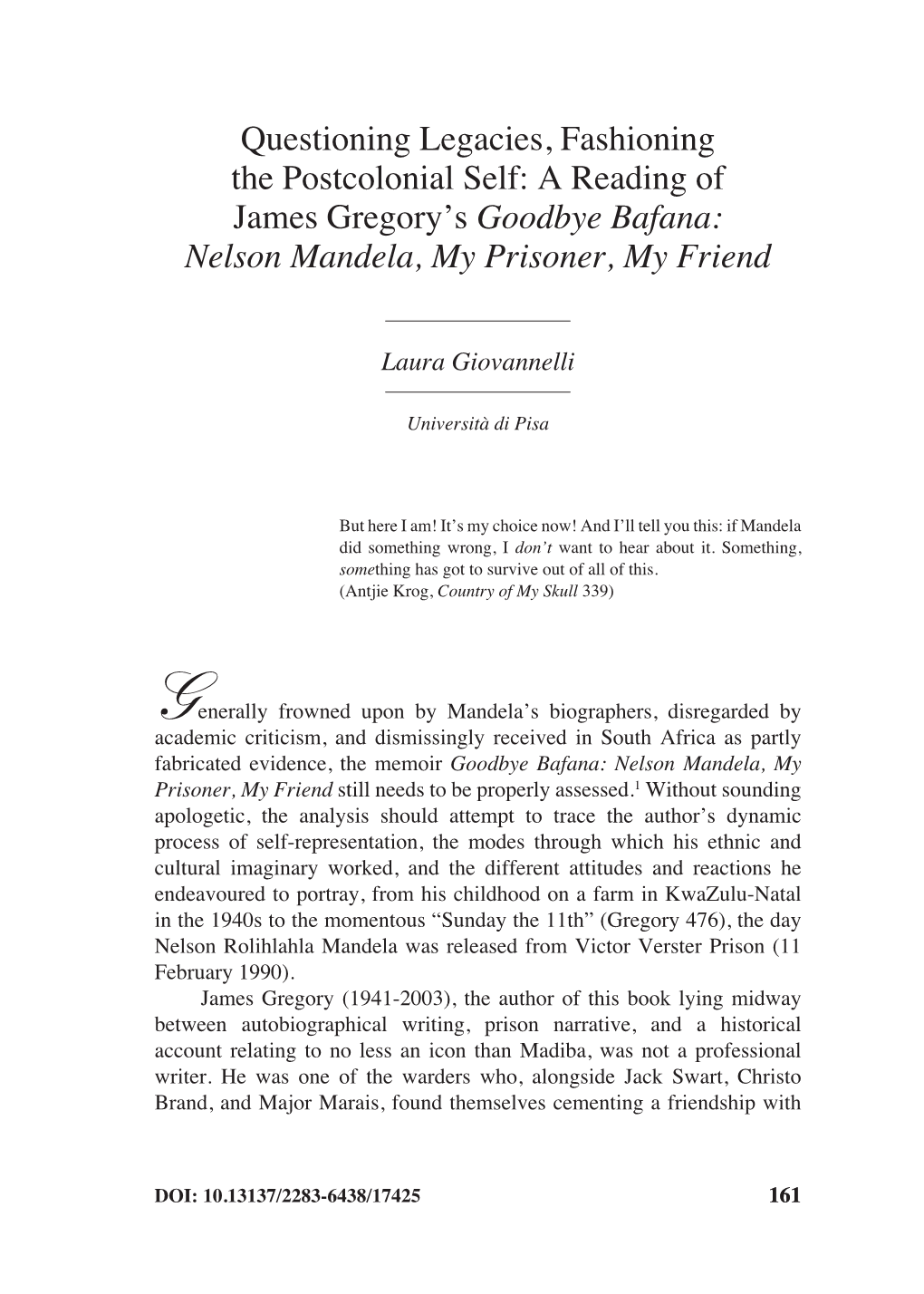 A Reading of James Gregory's Goodbye Bafana