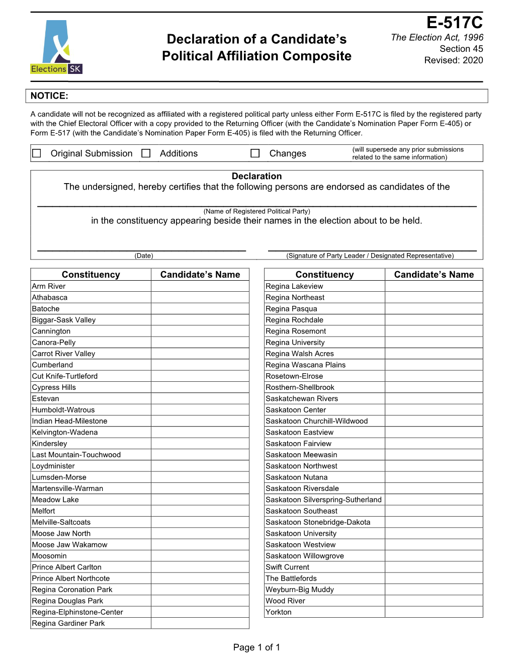 E-517C Declaration of a Candidate’S the Election Act, 1996 Section 45 Political Affiliation Composite Revised: 2020