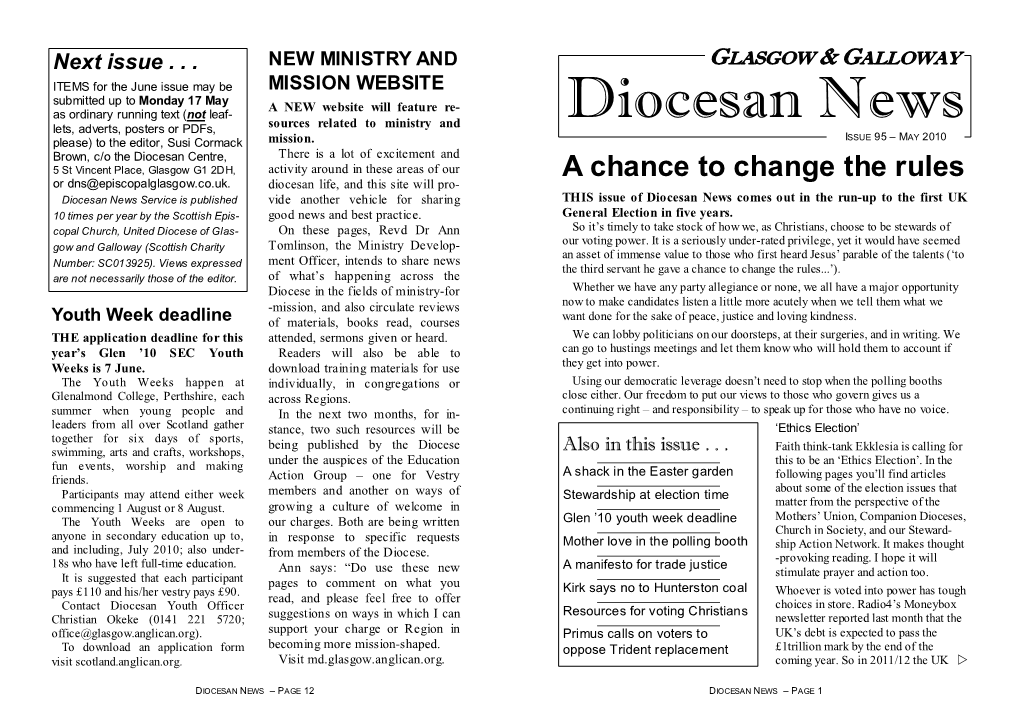 Diocesan News Lets, Adverts, Posters Or Pdfs, Please) to the Editor, Susi Cormack Mission