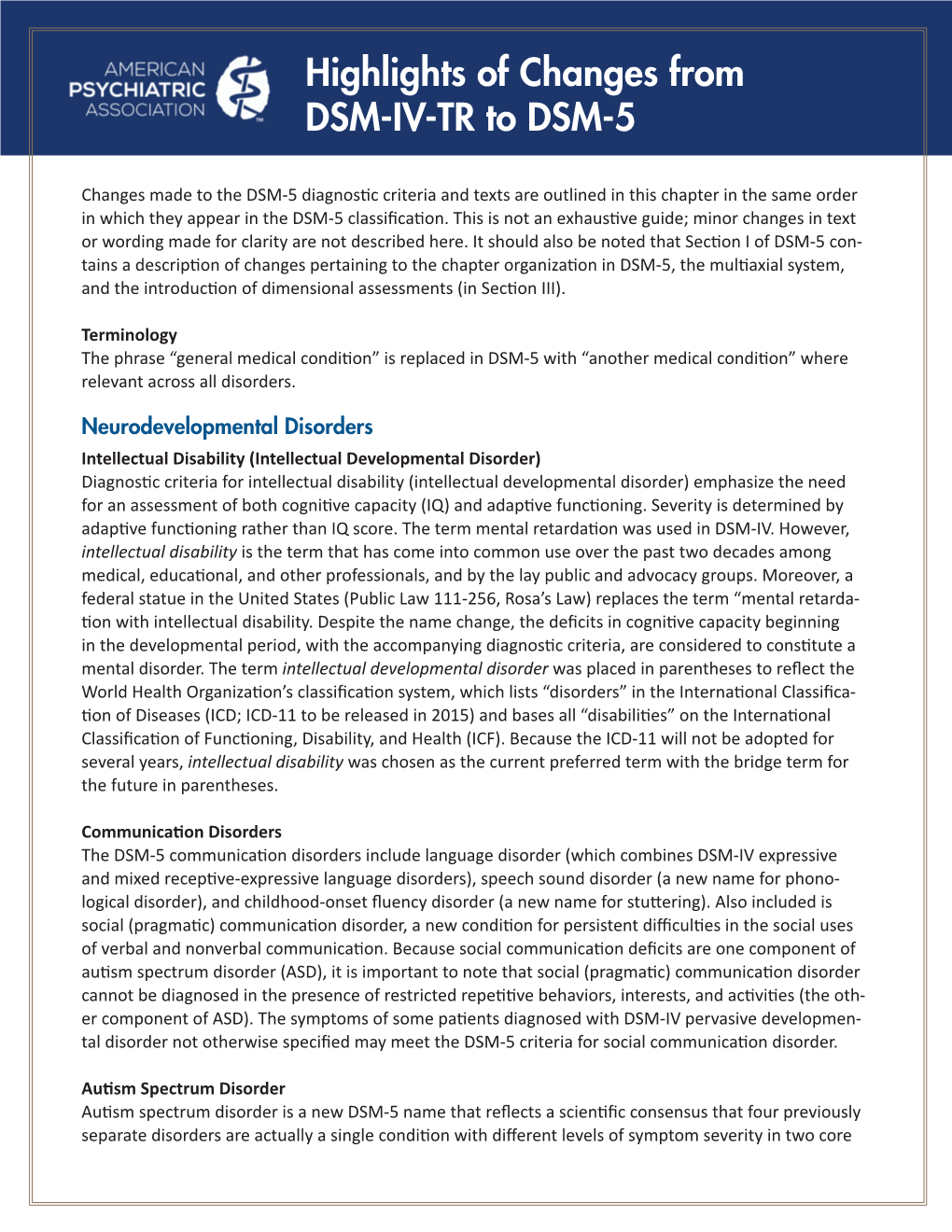 Highlights of Changes from DSM-IV-TR to DSM-5