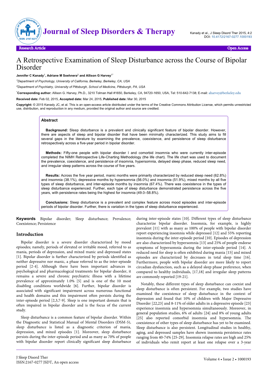 A Retrospective Examination of Sleep Disturbance Across the Course of Bipolar Disorder