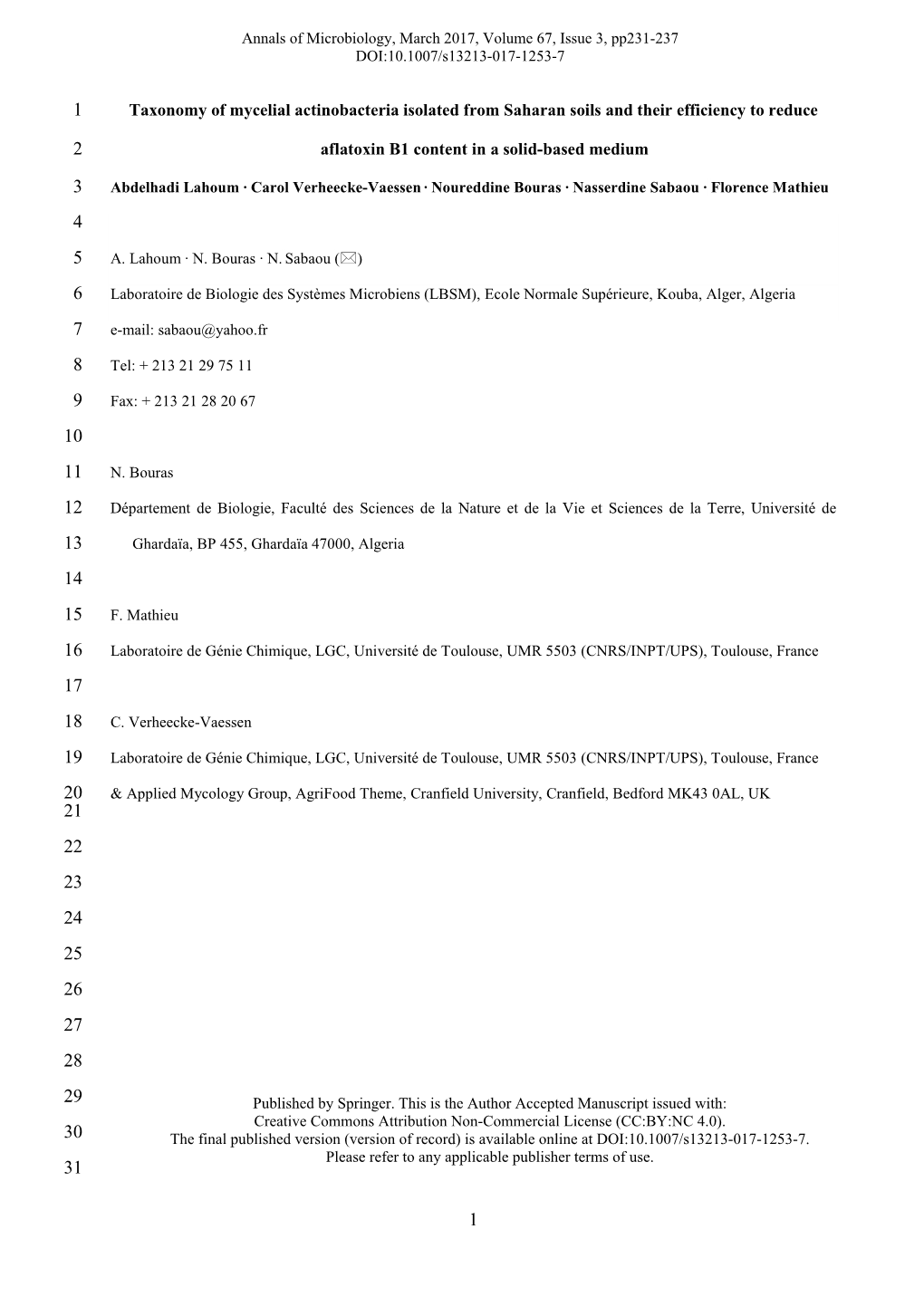 Taxonomy of Mycelial Actinobacteria Isolated from Saharan Soils and Their Efficiency to Reduce