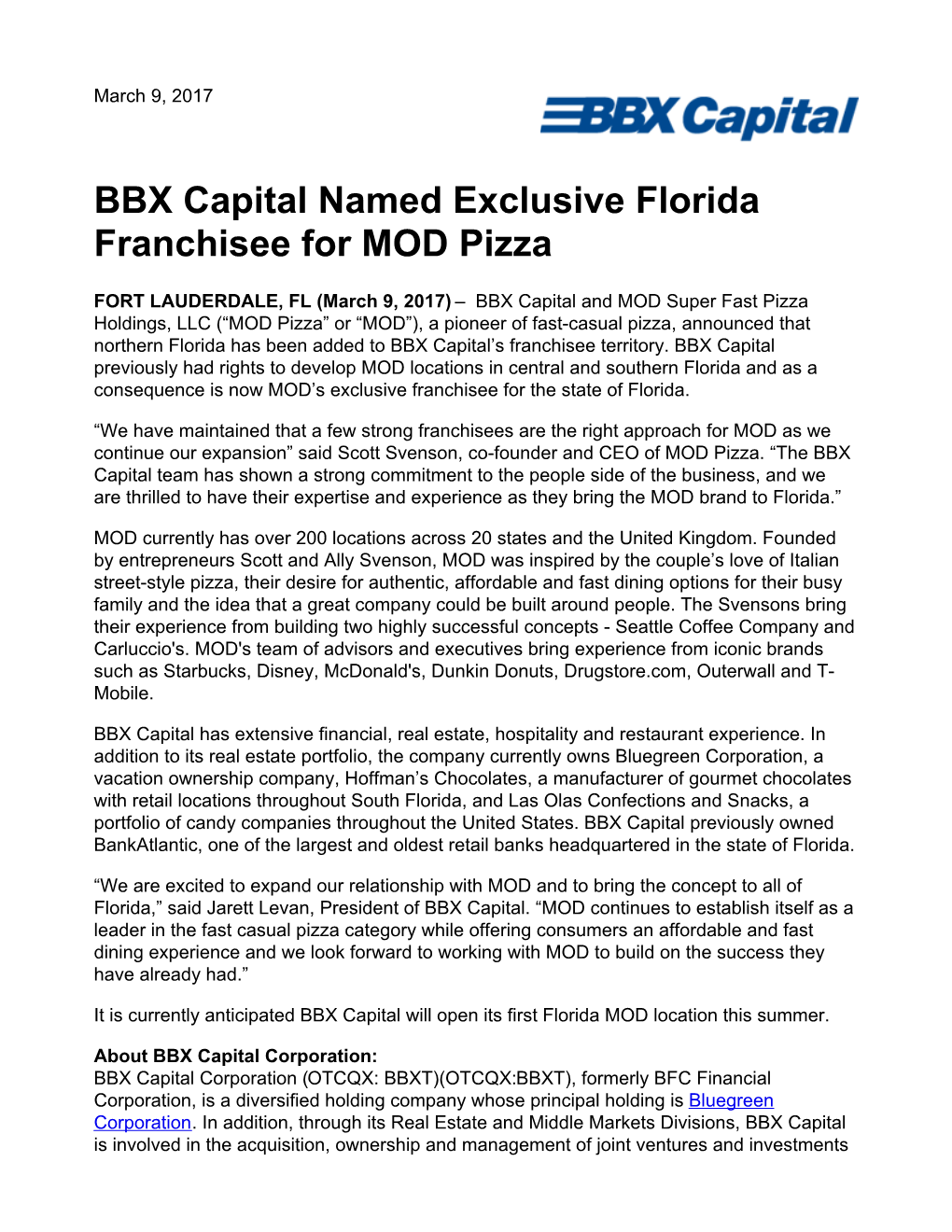 BBX Capital Named Exclusive Florida Franchisee for MOD Pizza