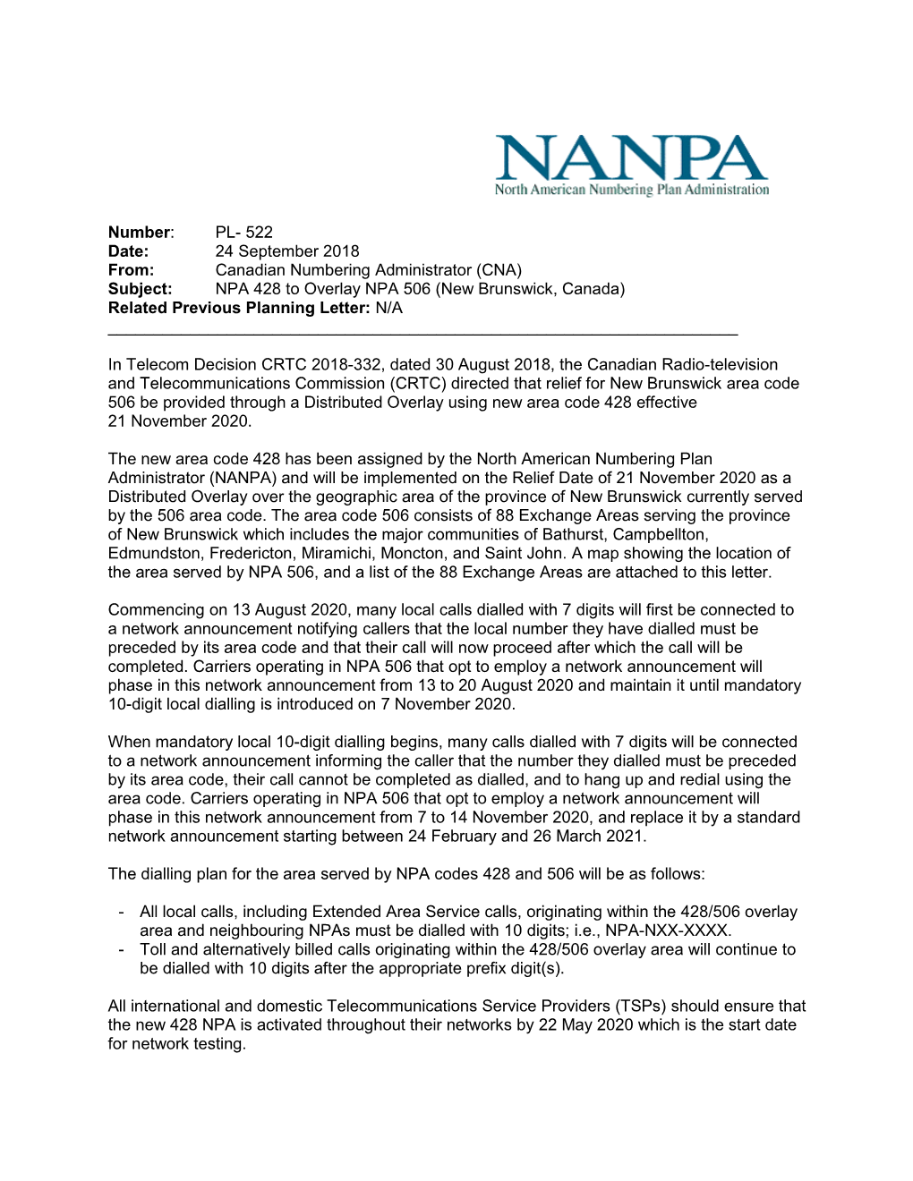 NPA 709 Planning Letter