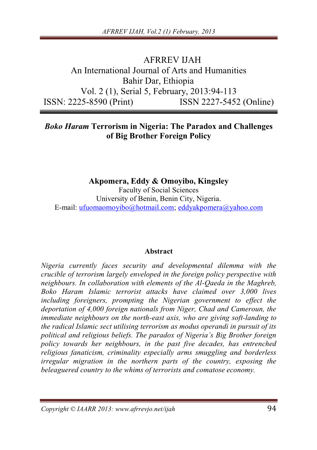 AFRREV IJAH, Vol.2 (1) February, 2013