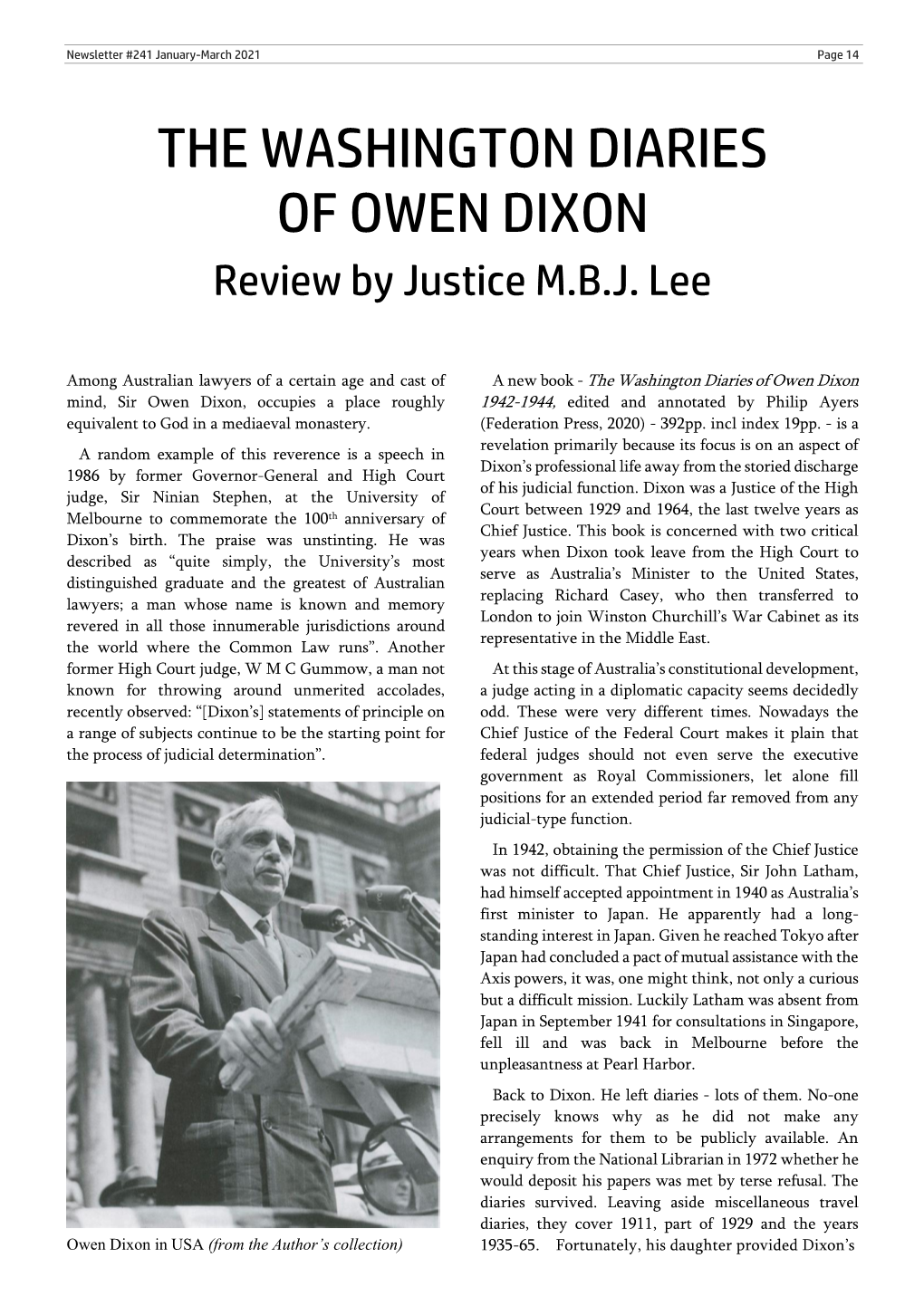 THE WASHINGTON DIARIES of OWEN DIXON Review by Justice M.B.J