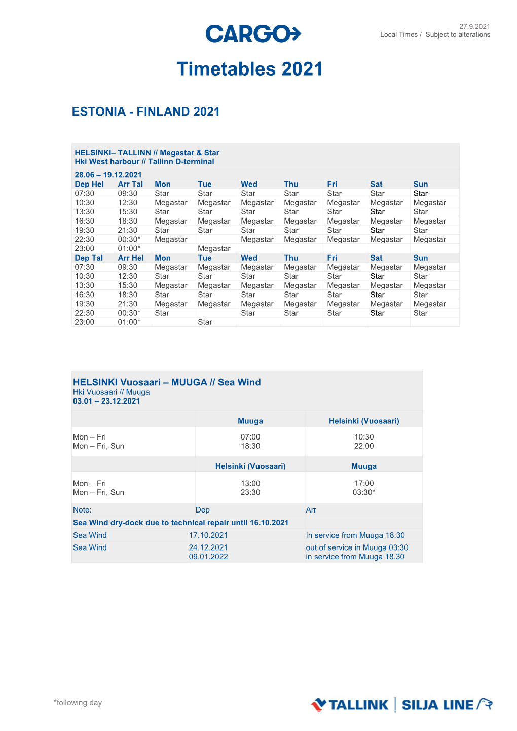 Cargo Timetable