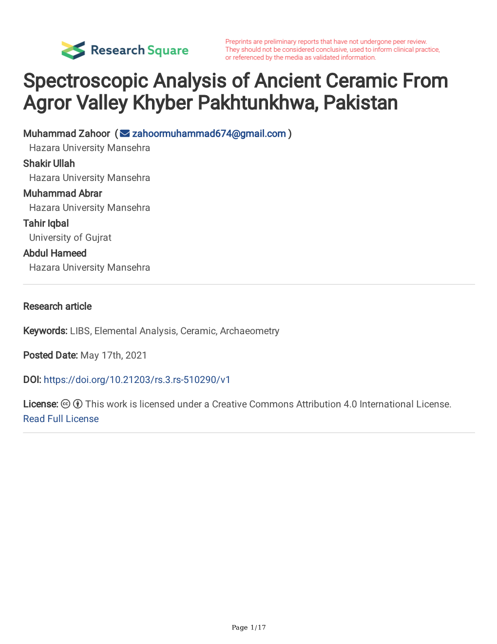 Spectroscopic Analysis of Ancient Ceramic from Agror Valley Khyber Pakhtunkhwa, Pakistan