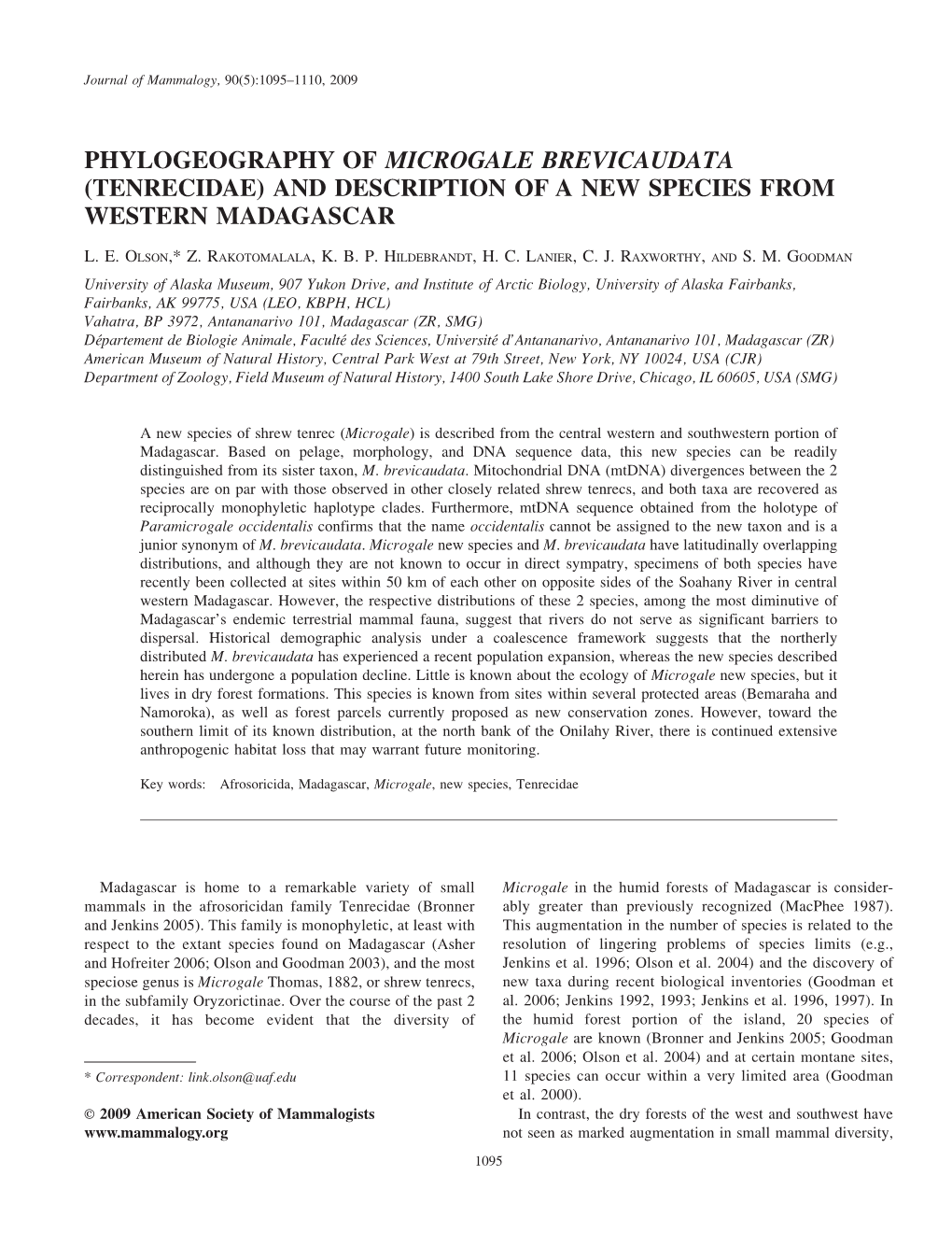 Phylogeography of Microgale Brevicaudata (Tenrecidae) and Description of a New Species from Western Madagascar