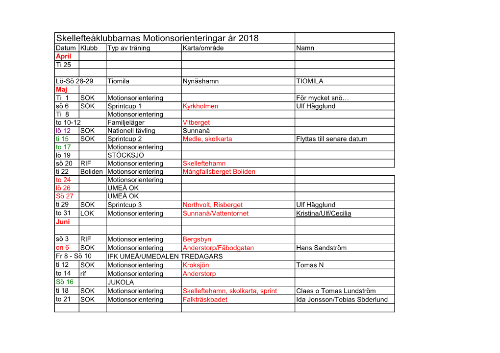 Skellefteåklubbarnas Motionsorienteringar År 2018 Datum Klubb Typ Av Träning Karta/Område Namn April Ti 25