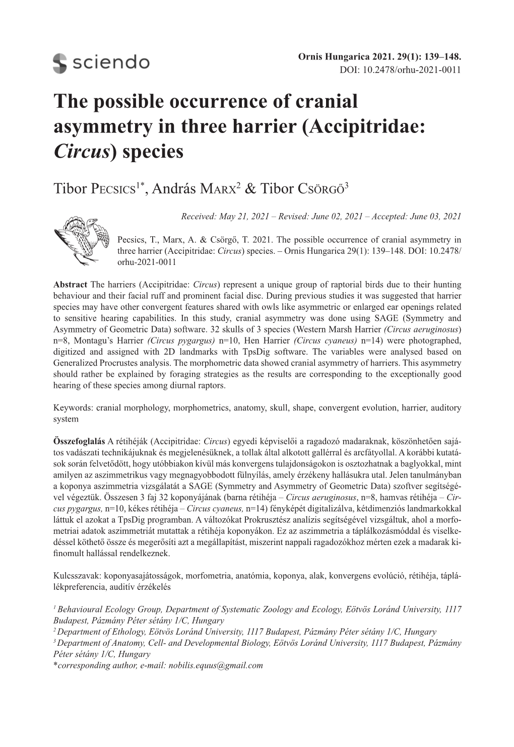 The Possible Occurrence of Cranial Asymmetry in Three Harrier (Accipitridae: Circus) Species -..:::: Ornis Hungarica