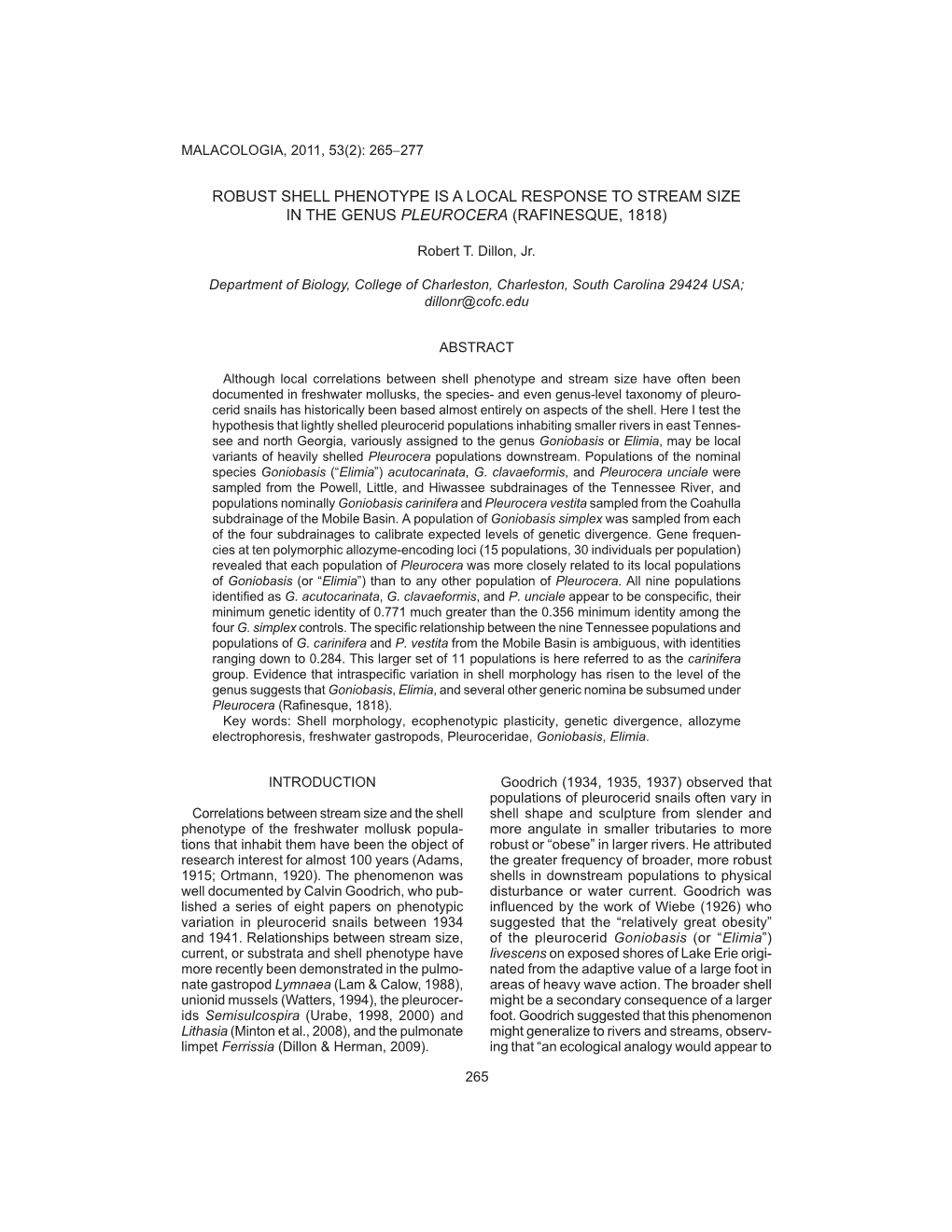 Robust Shell Phenotype Is a Local Response to Stream Size in the Genus Pleurocera (Rafinesque, 1818)