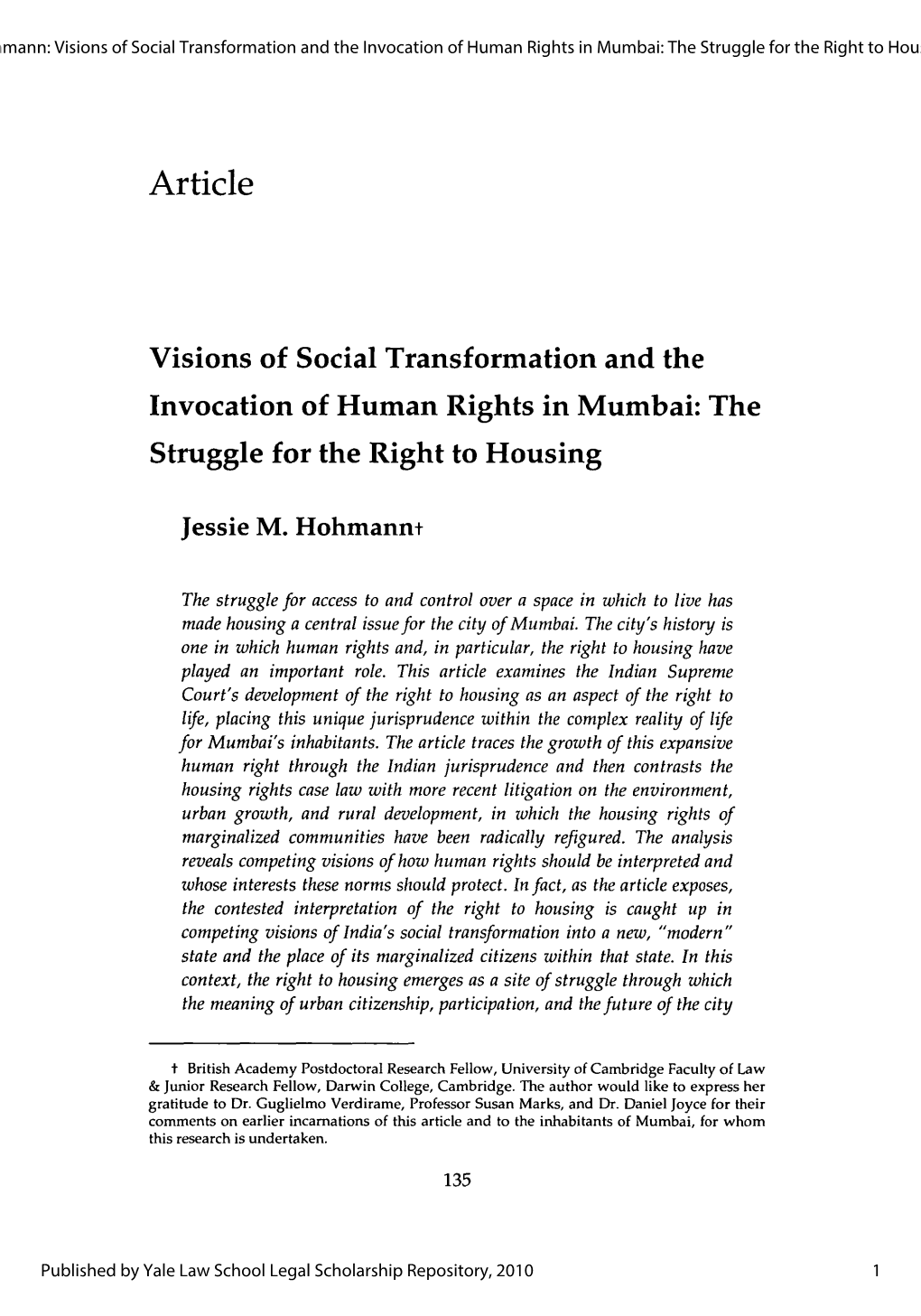 Visions of Social Transformation and the Invocation of Human Rights in Mumbai: the Struggle for the Right to Housing