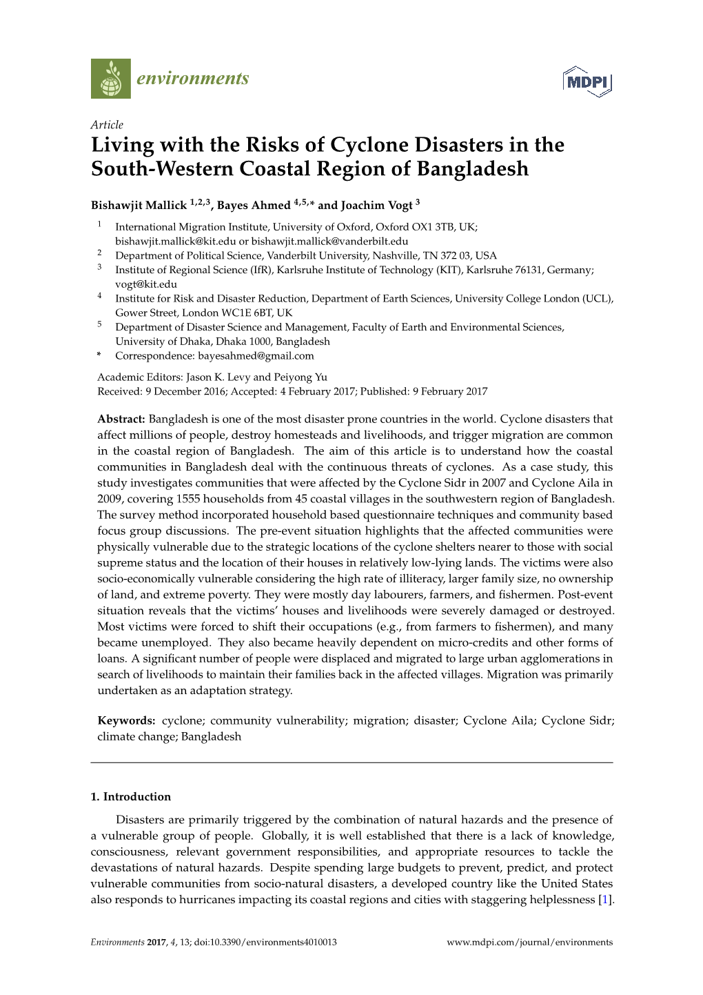 Living with the Risks of Cyclone Disasters in the South-Western Coastal Region of Bangladesh