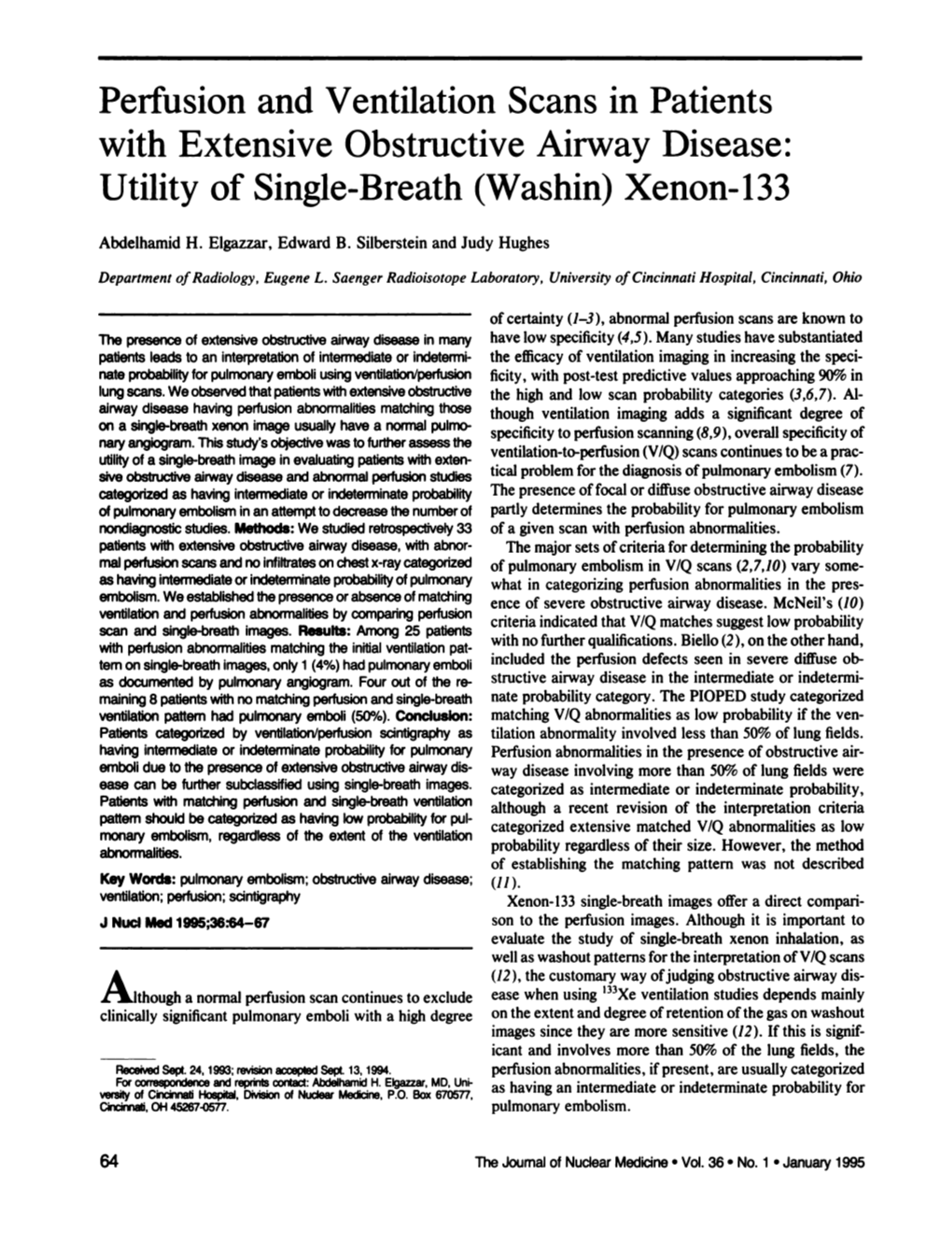 Perfusion and Ventilation Scans in Patients with Extensive Obstructive Airway Disease: Utility of Single-Breath (Washin) Xenon-133