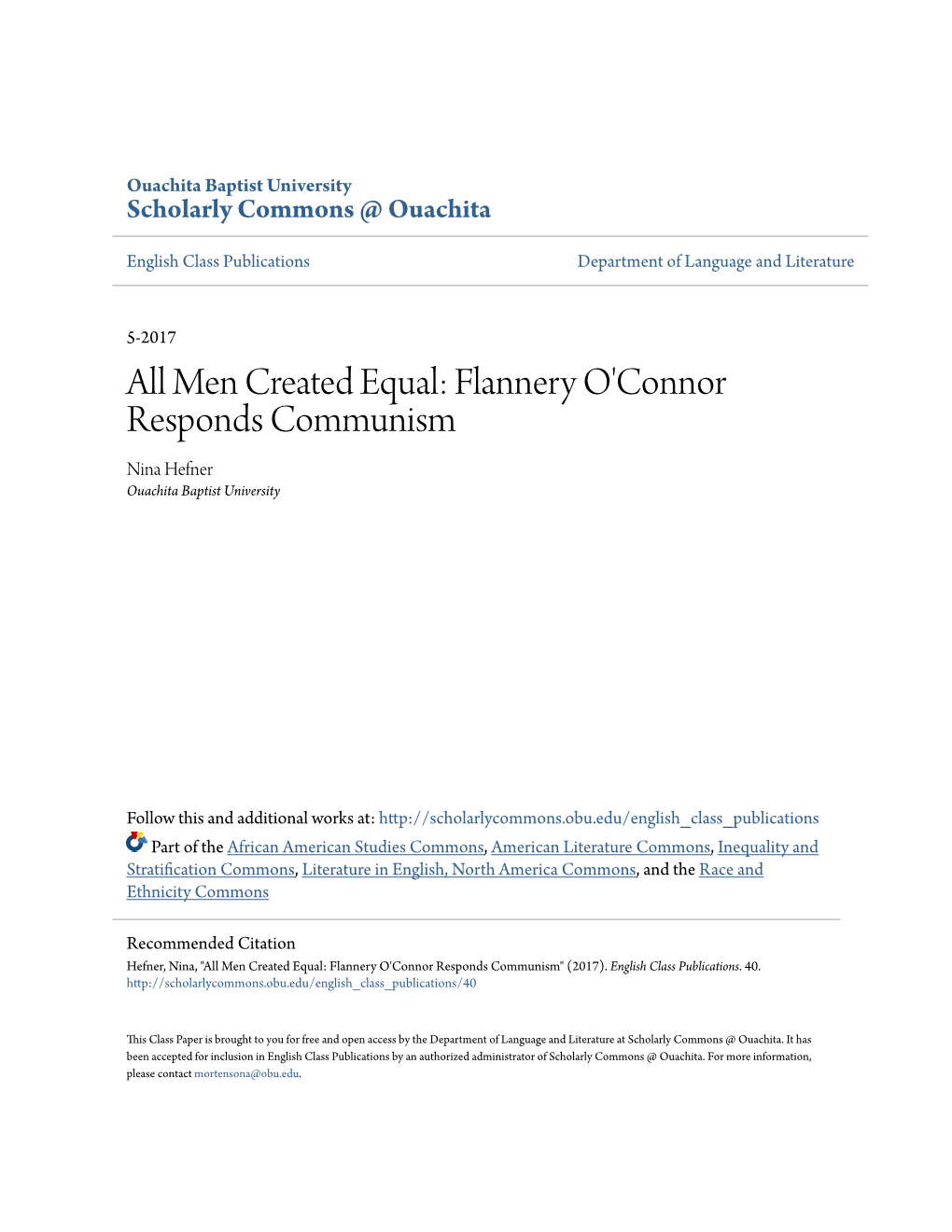 Flannery O'connor Responds Communism Nina Hefner Ouachita Baptist University