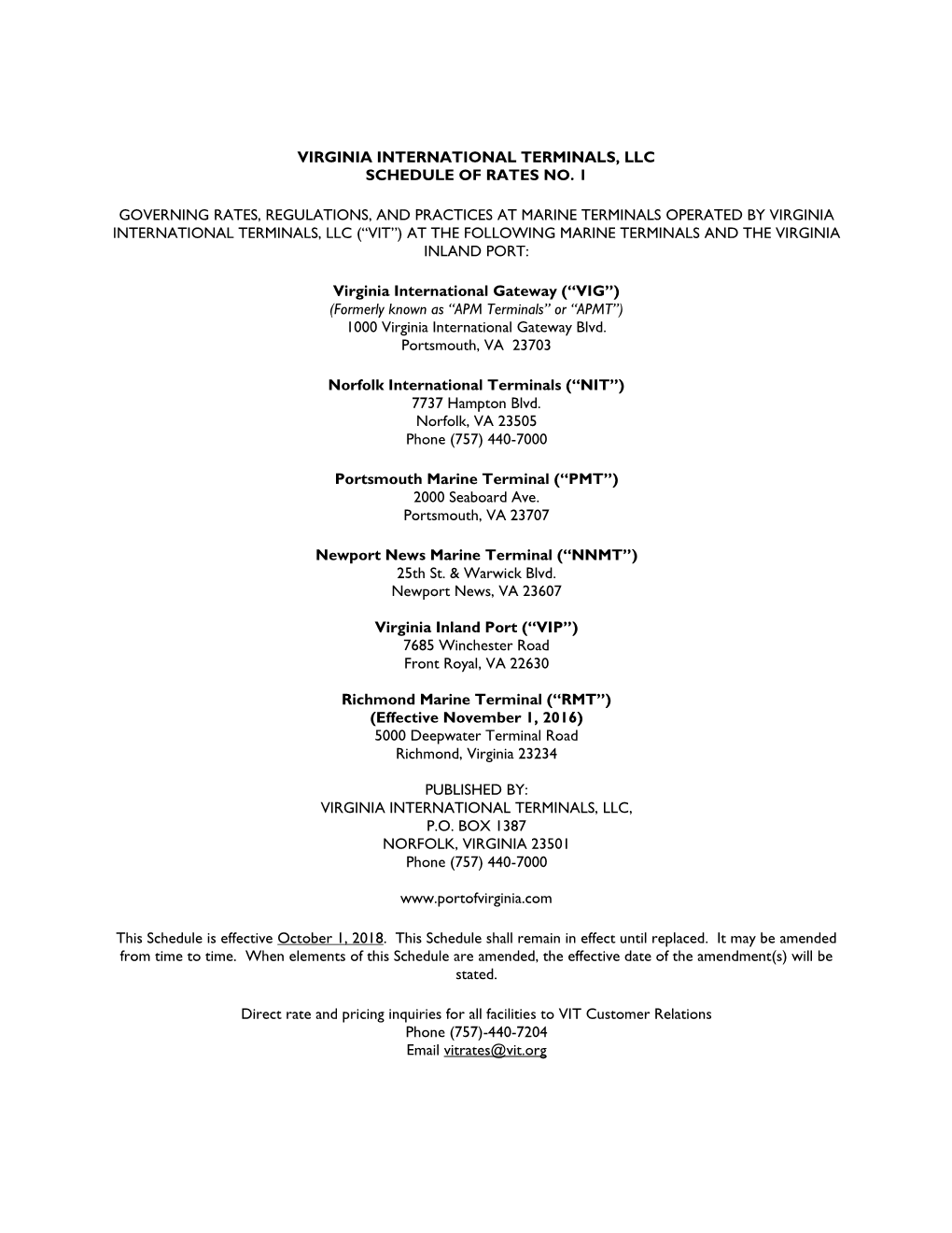 Virginia International Terminals, Llc Schedule of Rates No