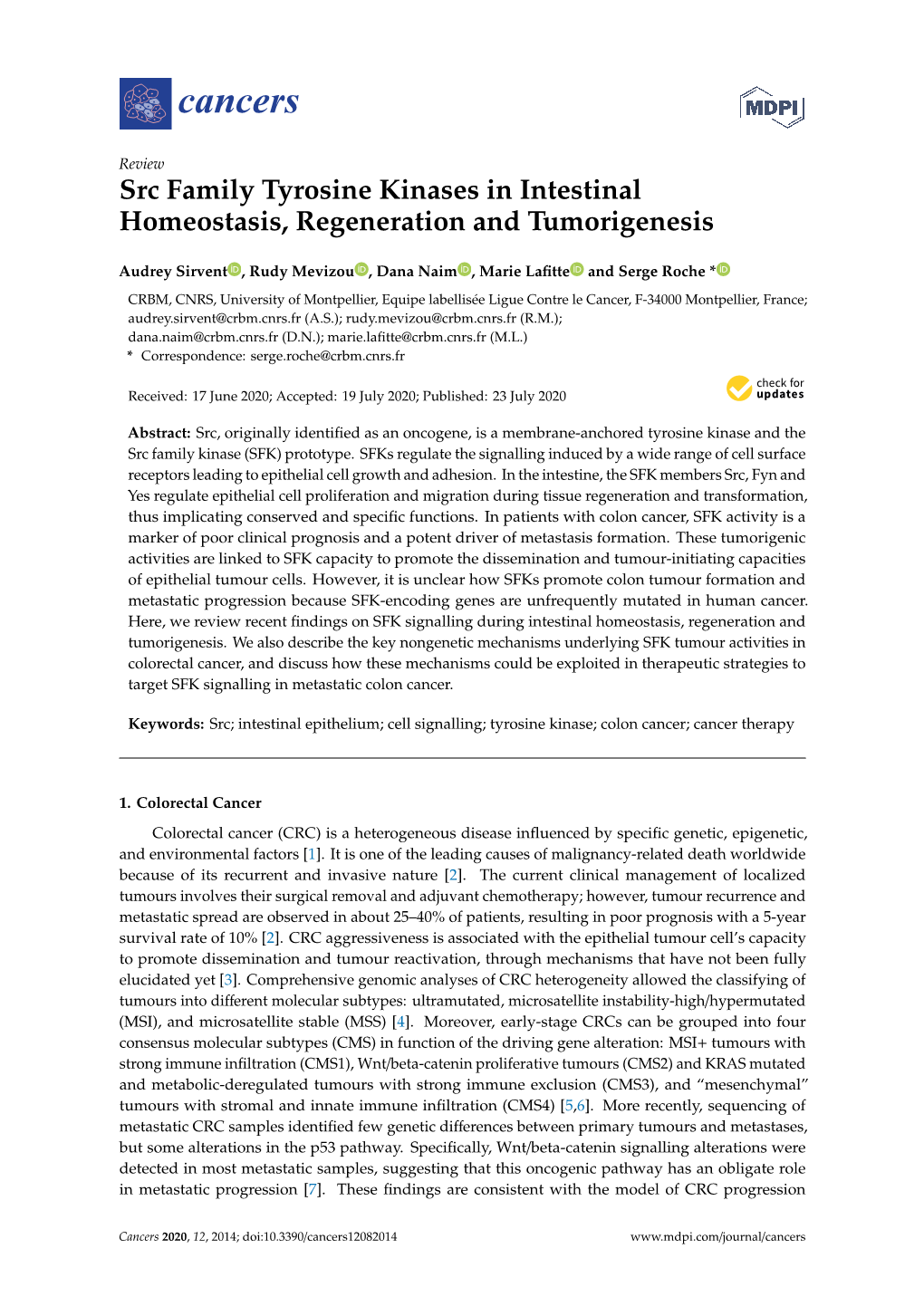 Src Family Tyrosine Kinases in Intestinal Homeostasis, Regeneration and Tumorigenesis