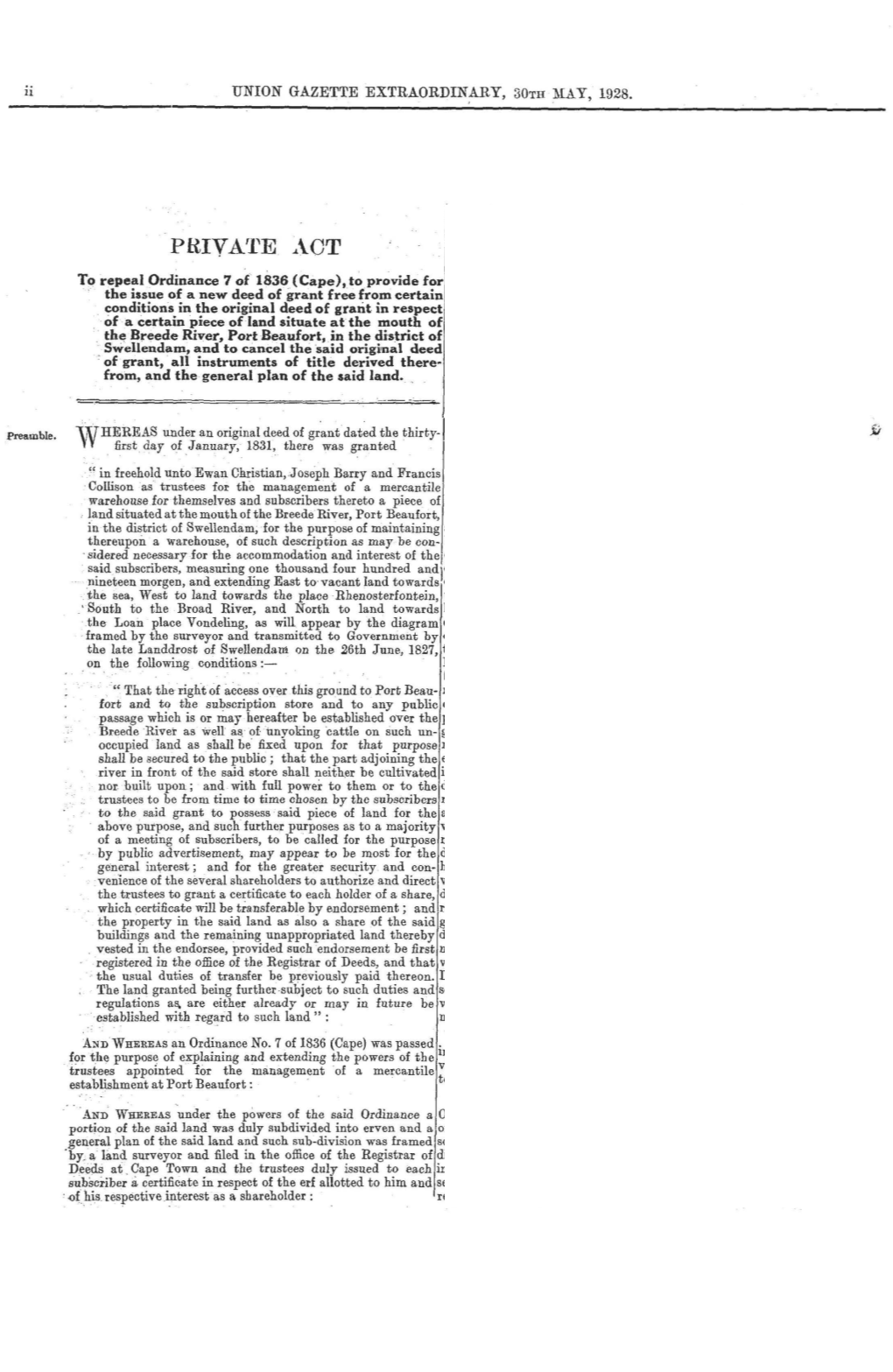 Port Beaufort Grant Amendment (Private) Act 14 of 1928