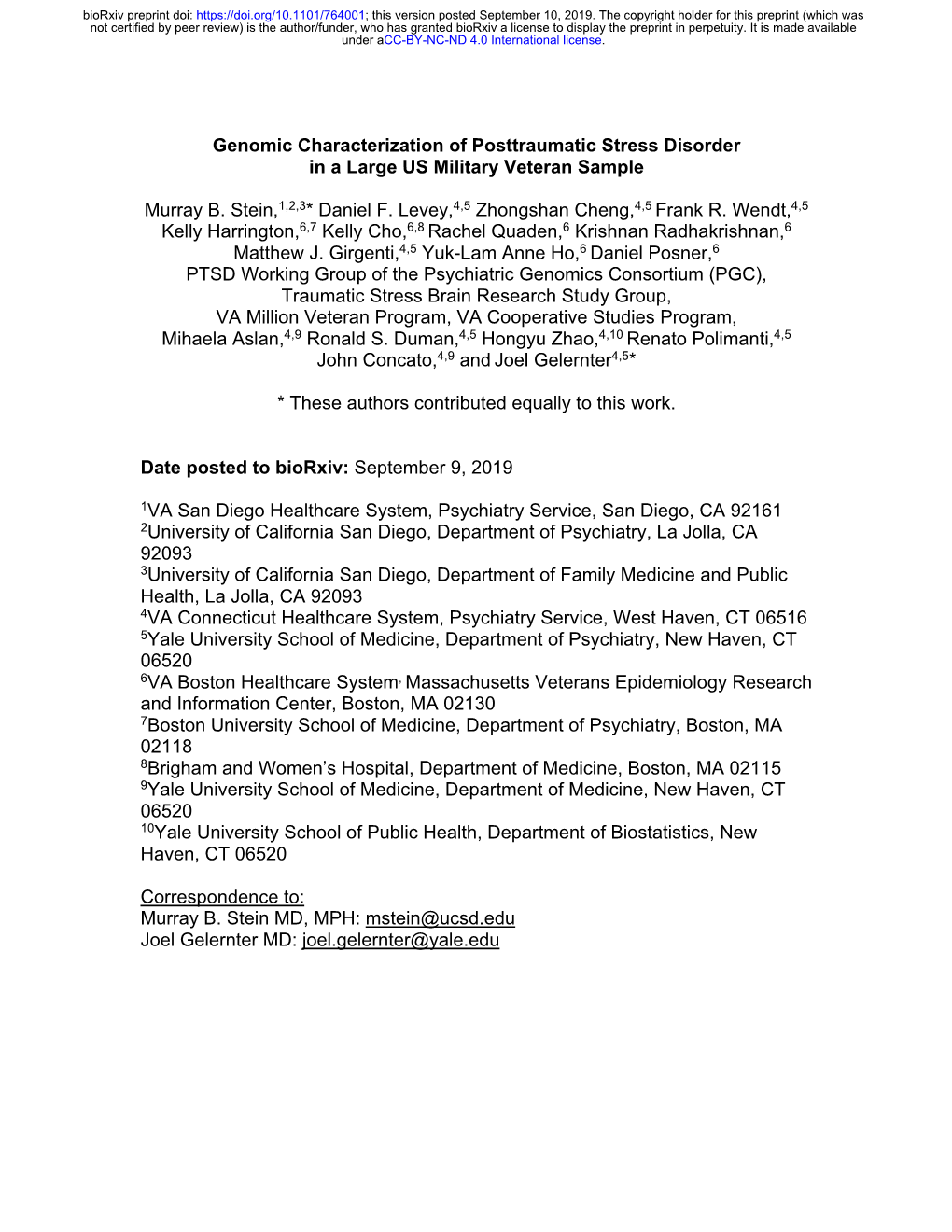 Genomic Characterization of Posttraumatic Stress Disorder in a Large US Military Veteran Sample