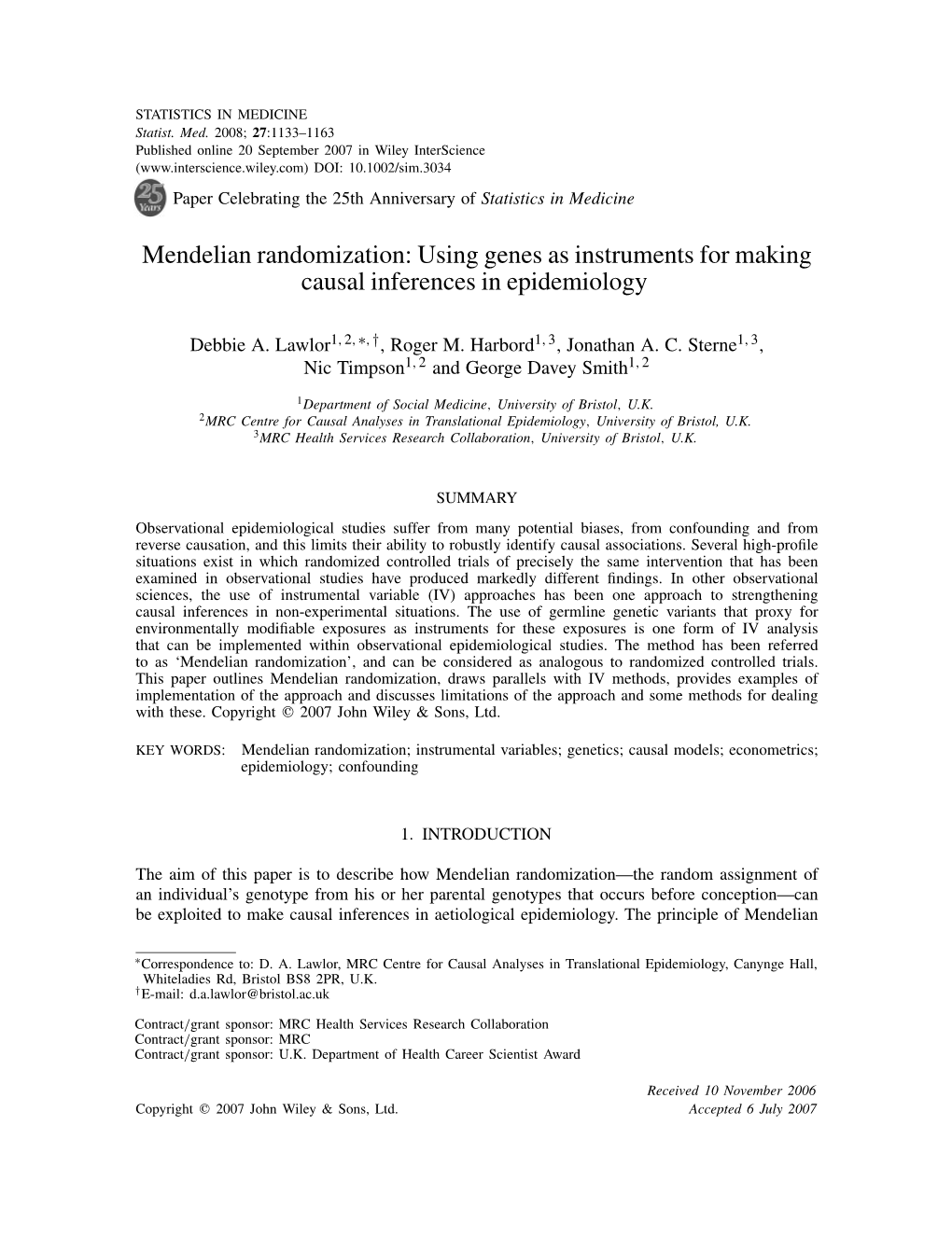 Mendelian Randomization: Using Genes As Instruments for Making Causal Inferences in Epidemiology