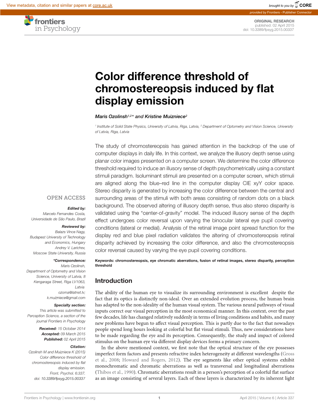 Color Difference Threshold of Chromostereopsis Induced by Flat