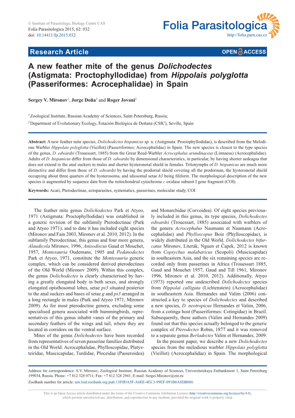 (Astigmata: Proctophyllodidae) from Hippolais Polyglotta (Passeriformes: Acrocephalidae) in Spain