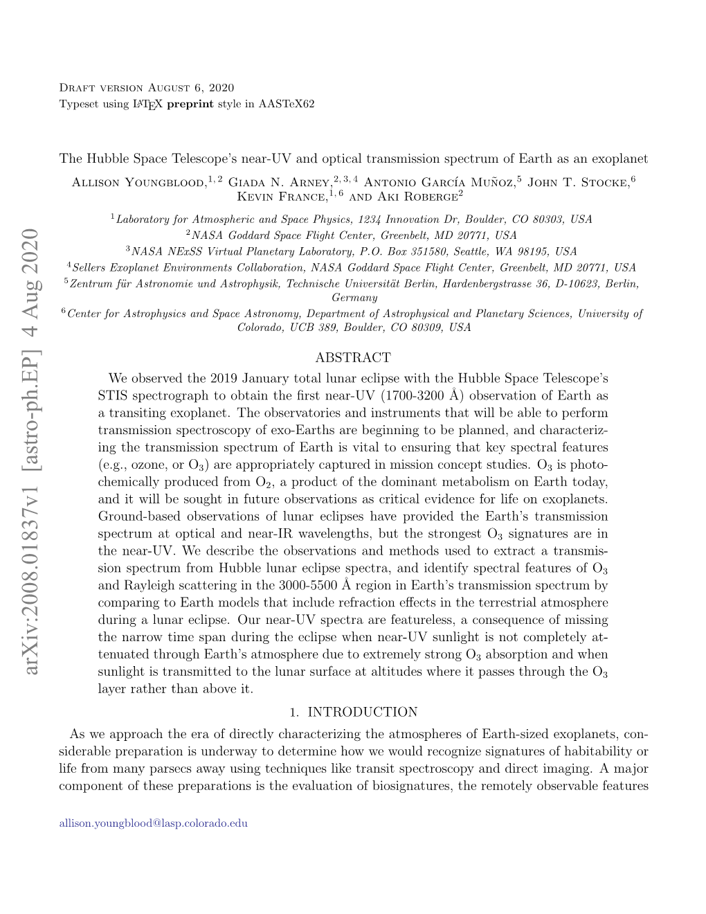 Arxiv:2008.01837V1 [Astro-Ph.EP] 4 Aug 2020 Sunlight Is Transmitted to the Lunar Surface at Altitudes Where It Passes Through the O3 Layer Rather Than Above It