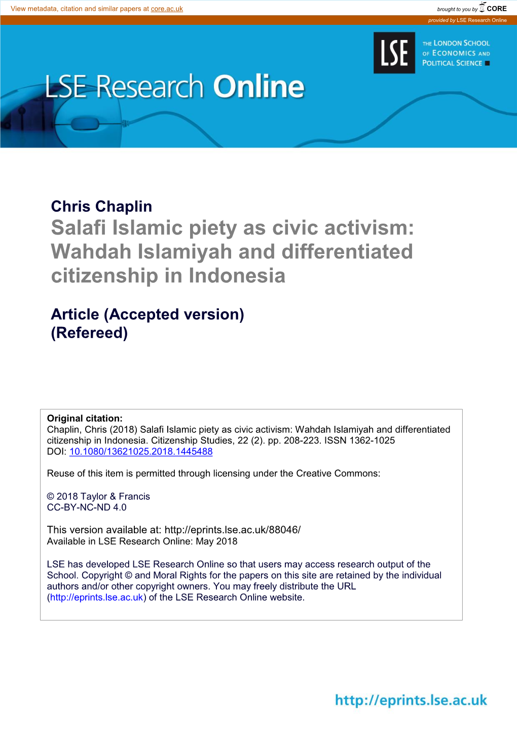 Wahdah Islamiyah and Differentiated Citizenship in Indonesia
