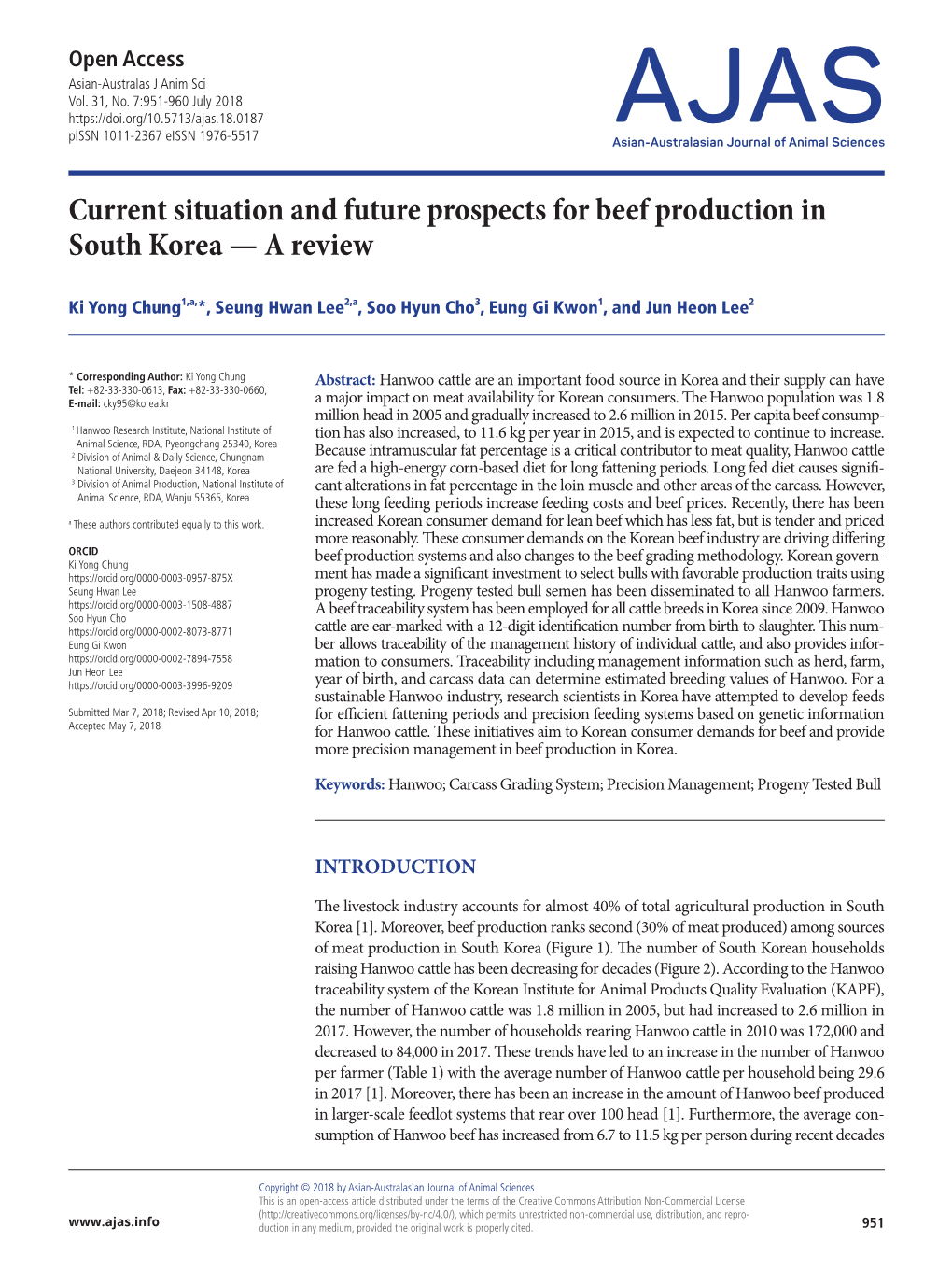 Current Situation and Future Prospects for Beef Production in South Korea — a Review