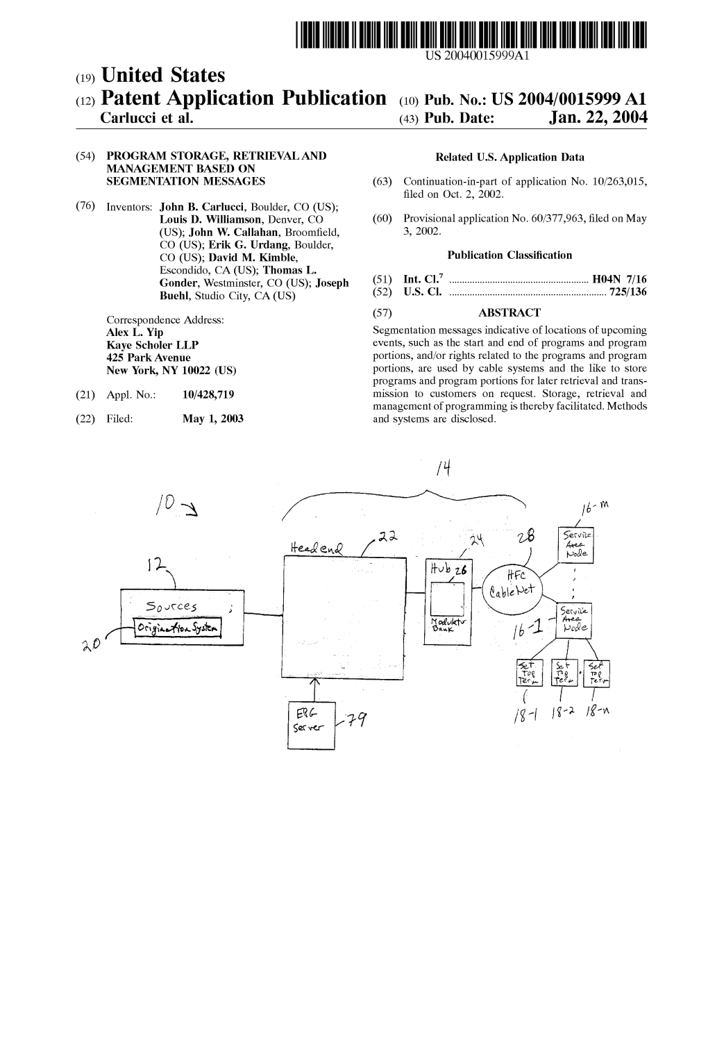 (12) Patent Application Publication (10) Pub. No.: US 2004/0015999 A1 Carlucci Et Al