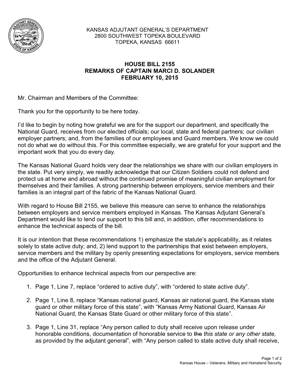 House Bill 2155 Remarks of Captain Marci D. Solander February 10, 2015