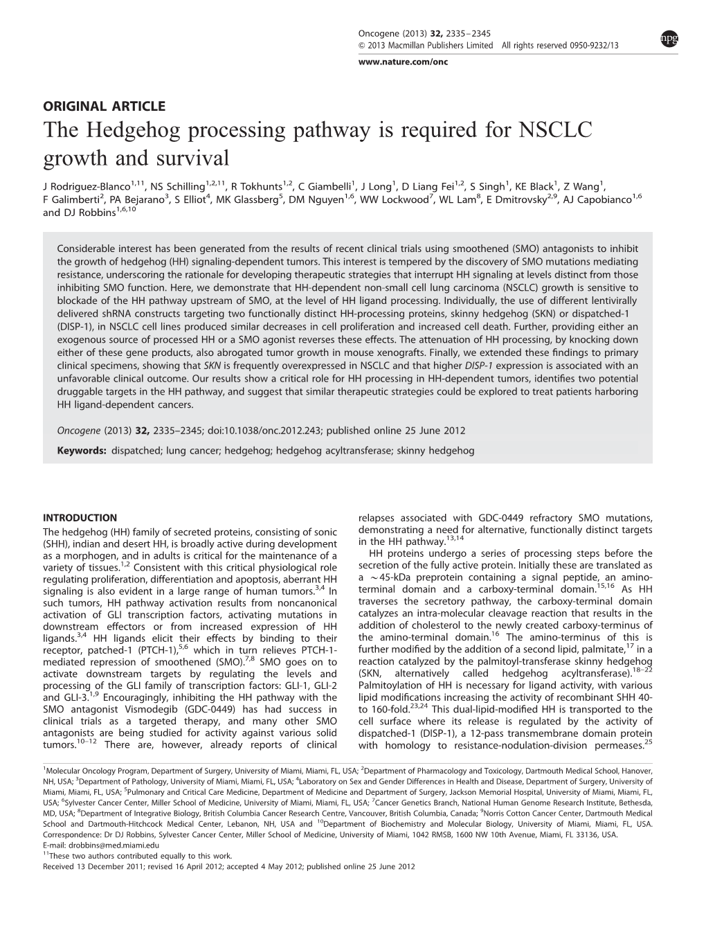 The Hedgehog Processing Pathway Is Required for NSCLC Growth and Survival