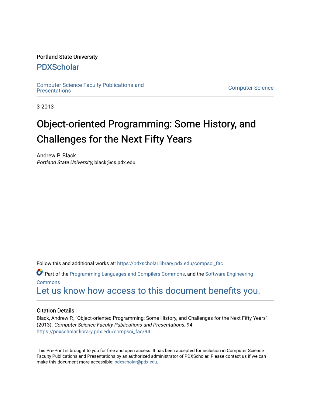 Object-Oriented Programming: Some History, and Challenges for the Next Fifty Years