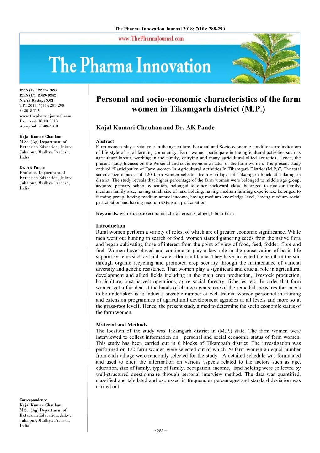 Personal and Socio-Economic Characteristics of the Farm Women In