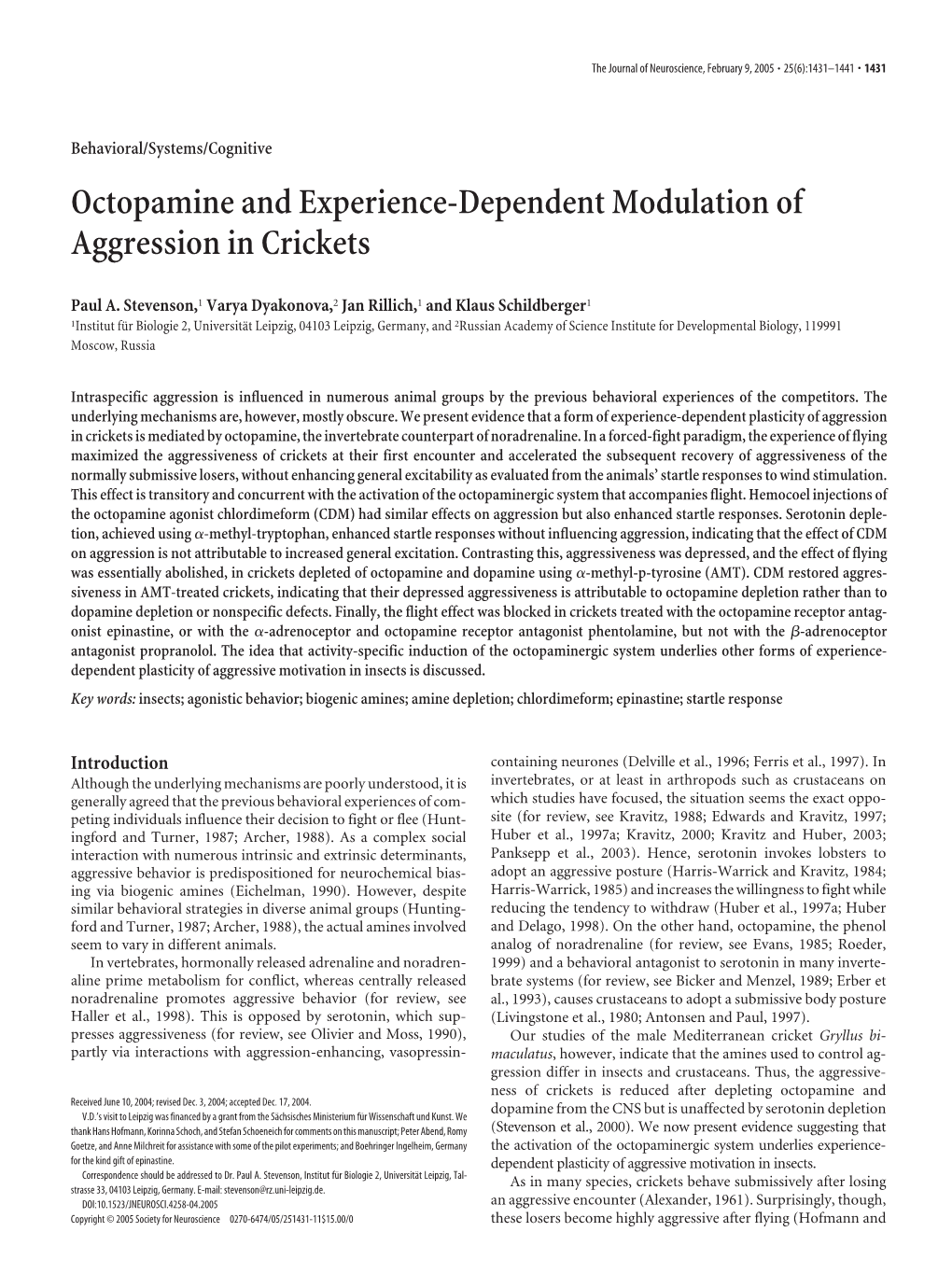 Octopamine and Experience-Dependent Modulation of Aggression in Crickets