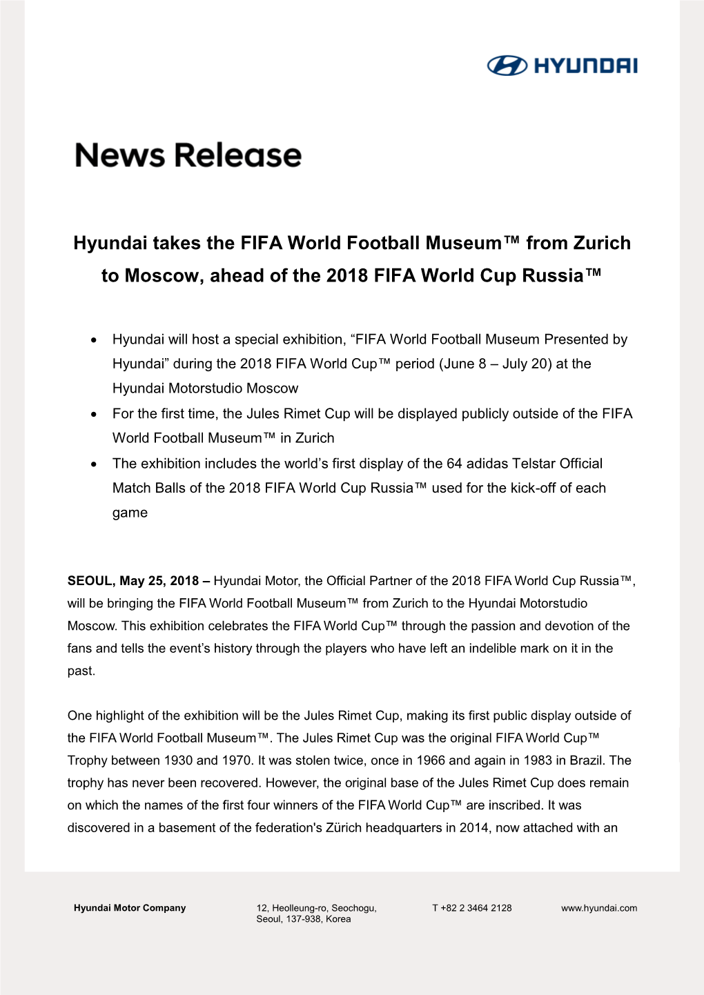 Hyundai Takes the FIFA World Football Museum™ from Zurich to Moscow, Ahead of the 2018 FIFA World Cup Russia™