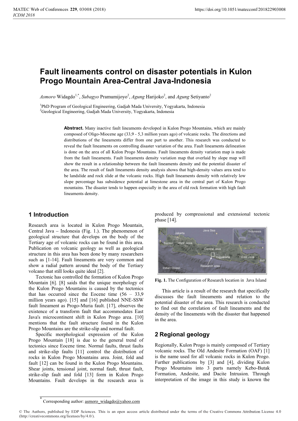 Fault Lineaments Control on Disaster Potentials in Kulon Progo Mountain Area-Central Java-Indonesia