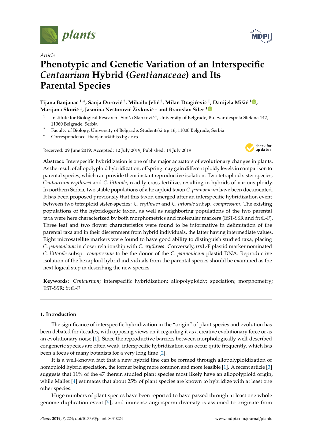 Phenotypic and Genetic Variation of an Interspecific Centaurium