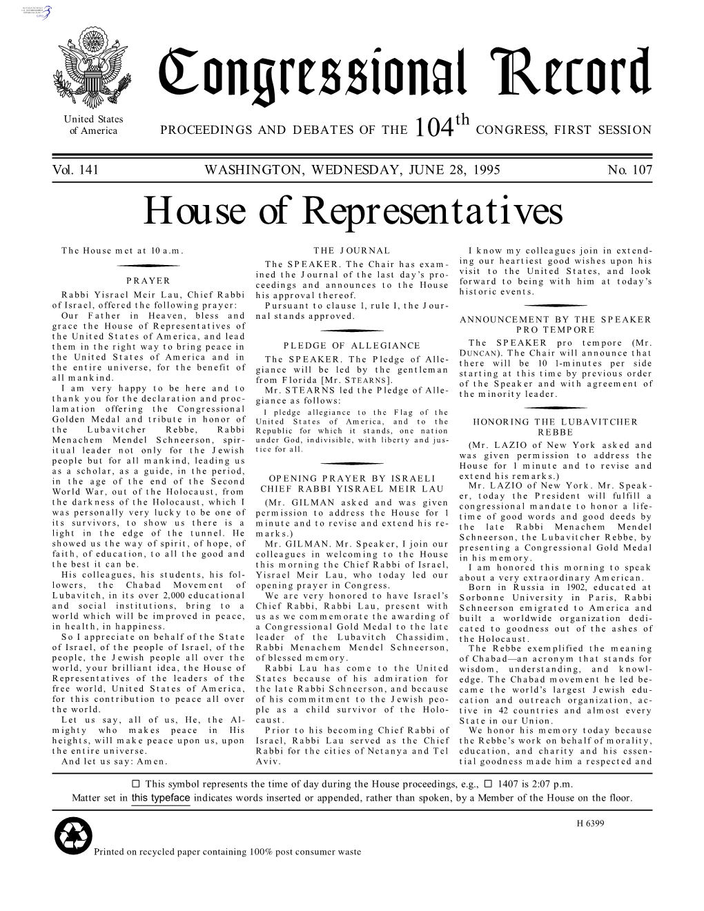 Congressional Record United States Th of America PROCEEDINGS and DEBATES of the 104 CONGRESS, FIRST SESSION