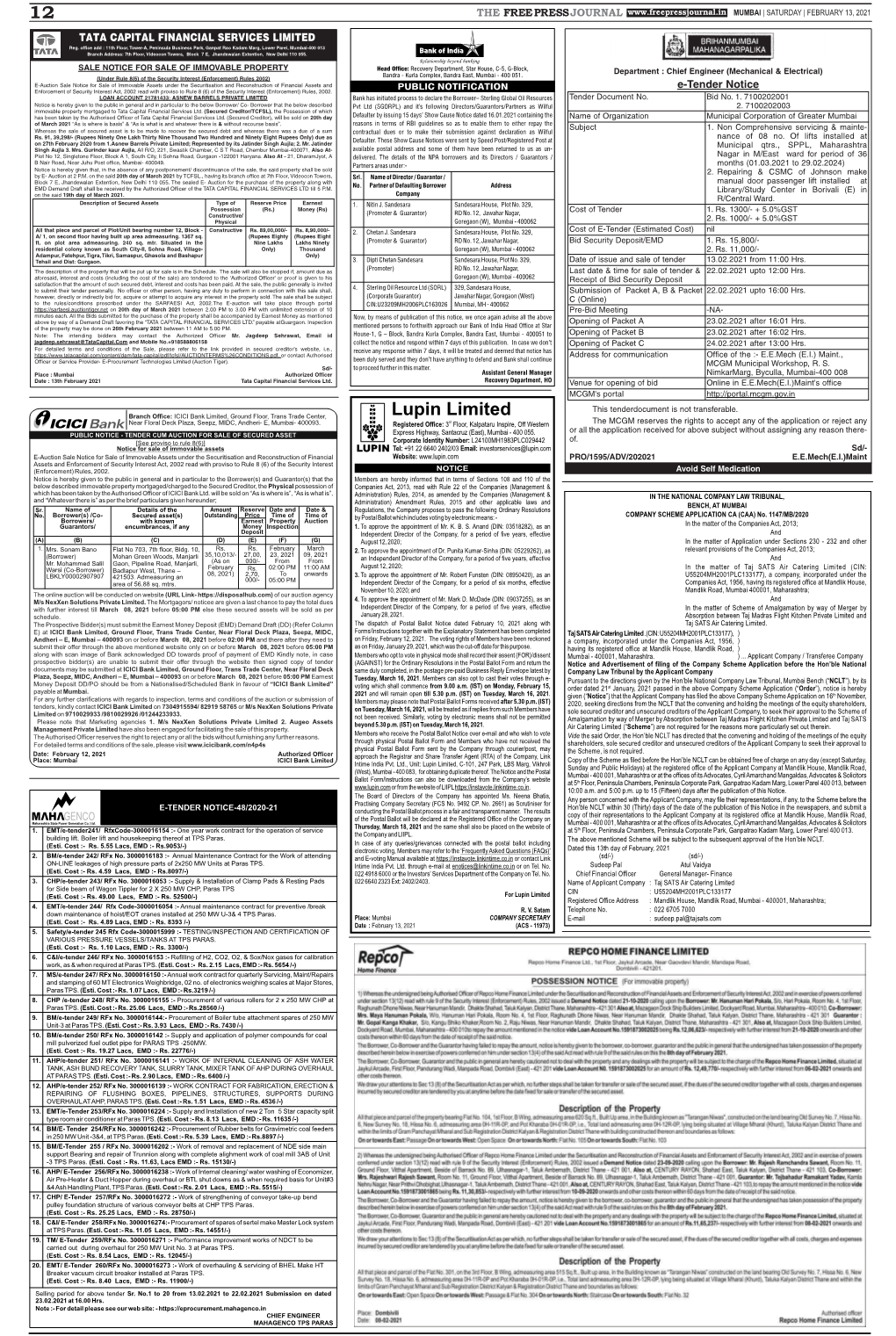 TATA CAPITAL FINANCIAL SERVICES LIMITED E-Tender Notice the FREEPRESSJOURNAL