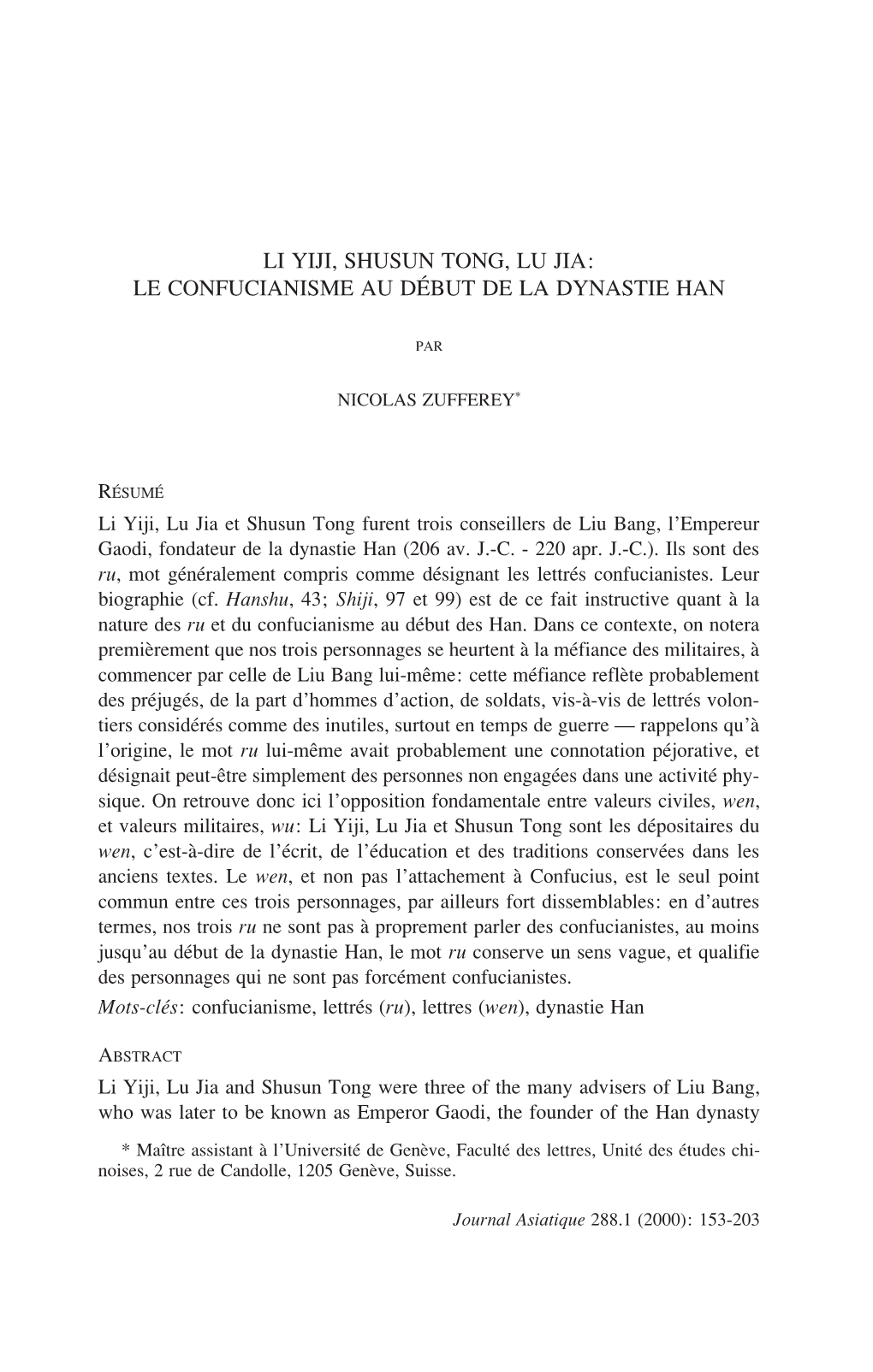 Li Yiji, Shusun Tong, Lu Jia: Le Confucianisme Au Début De La Dynastie Han