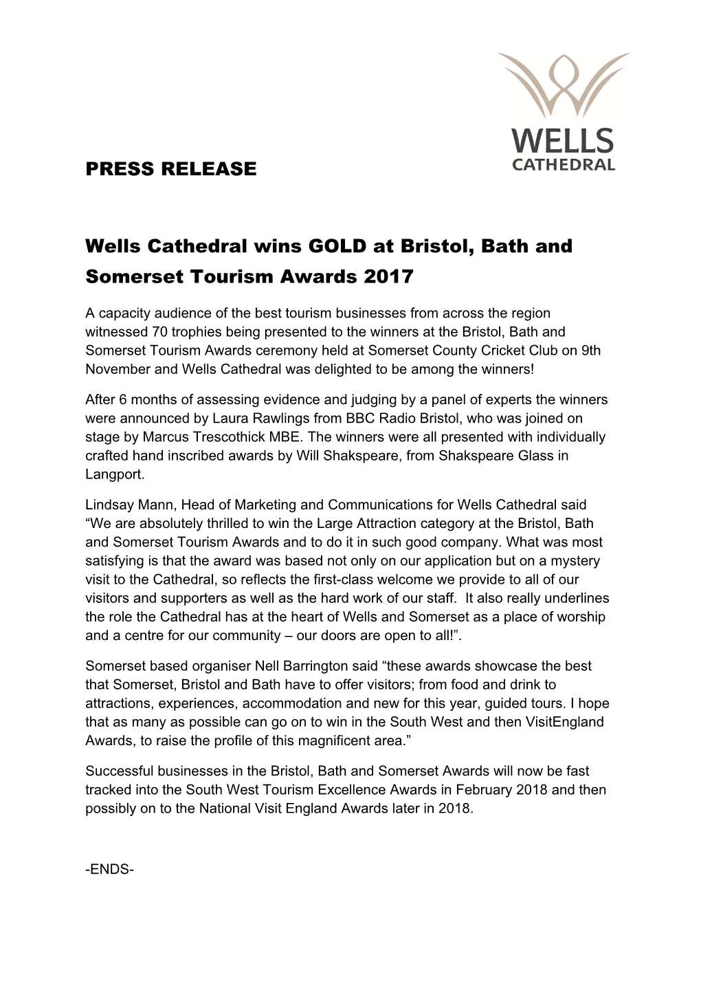 Wells Cathedral Wins GOLD at Bristol, Bath and Somerset Tourism Awards 2017