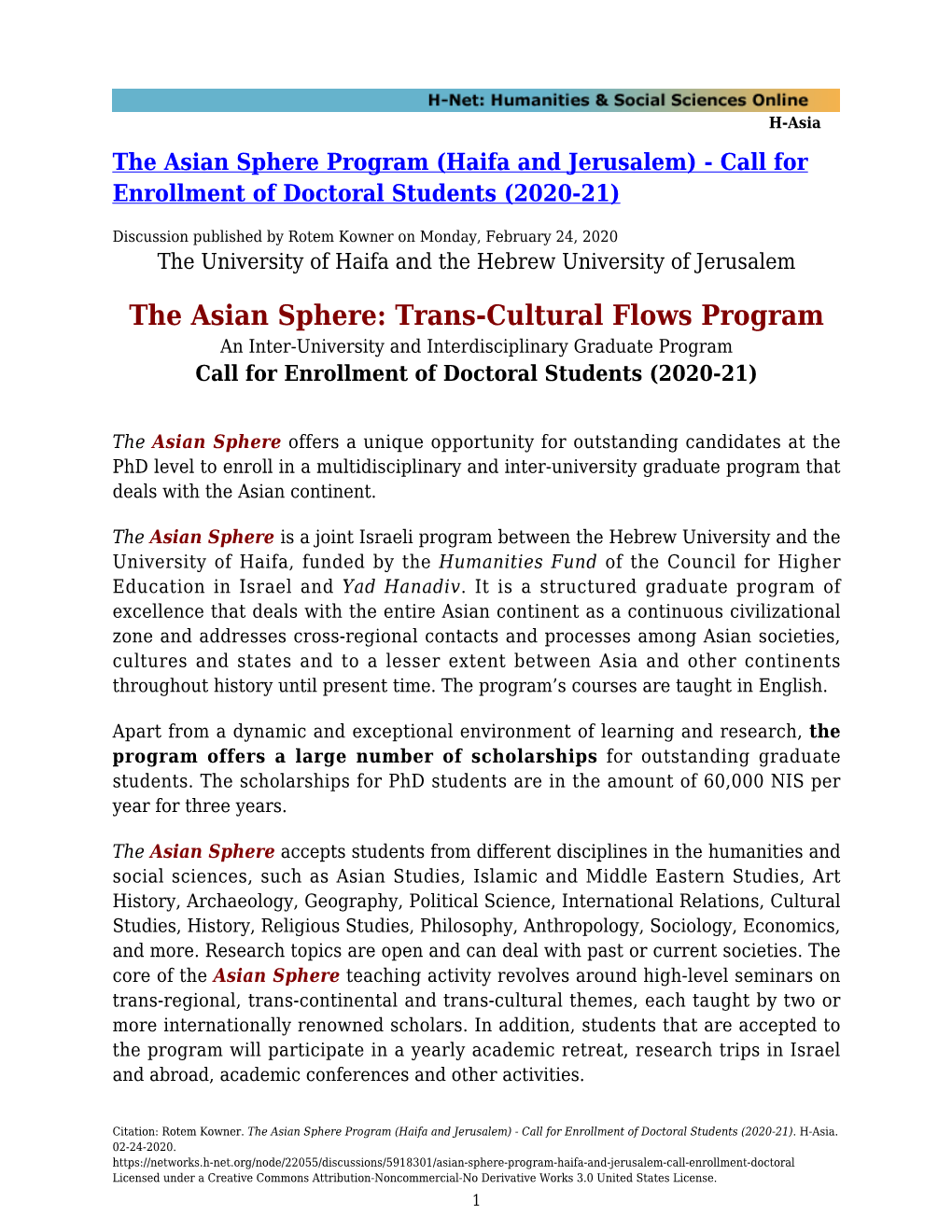 The Asian Sphere Program (Haifa and Jerusalem) - Call for Enrollment of Doctoral Students (2020-21)