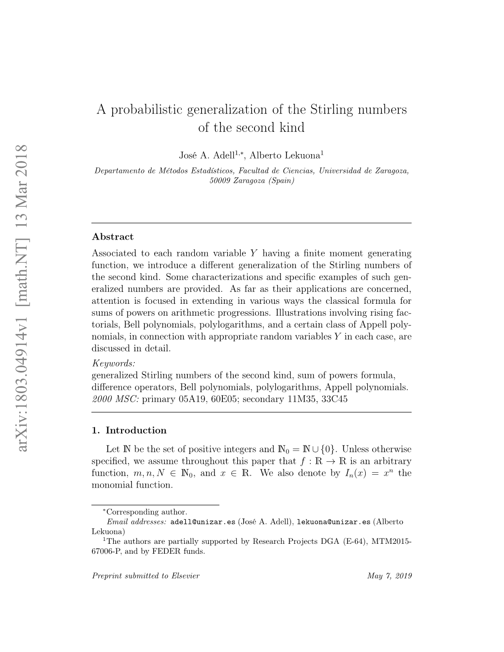 A Probabilistic Generalization of the Stirling Numbers of the Second Kind